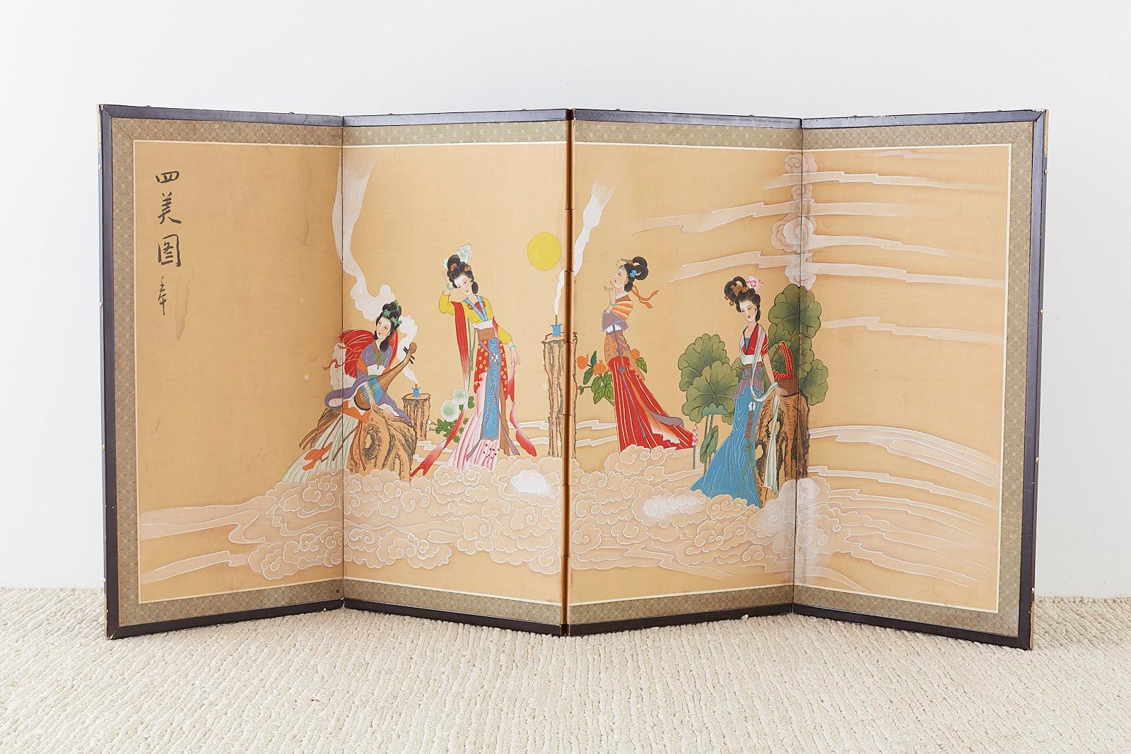 Chinesischer Byobu-Raumteiler im Byobu-Stil mit vier himmlischen Schönheiten im Angebot 7