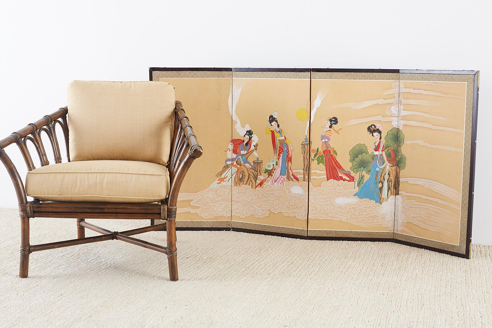 Whimsical Chinese four-panel byobu style screens depicting four celestial beauties in clouds. Colorful medium sized screen, ink and color painted on gold silk ground, 20th century titled and signed left side. Set in a wooden frame with a silk
