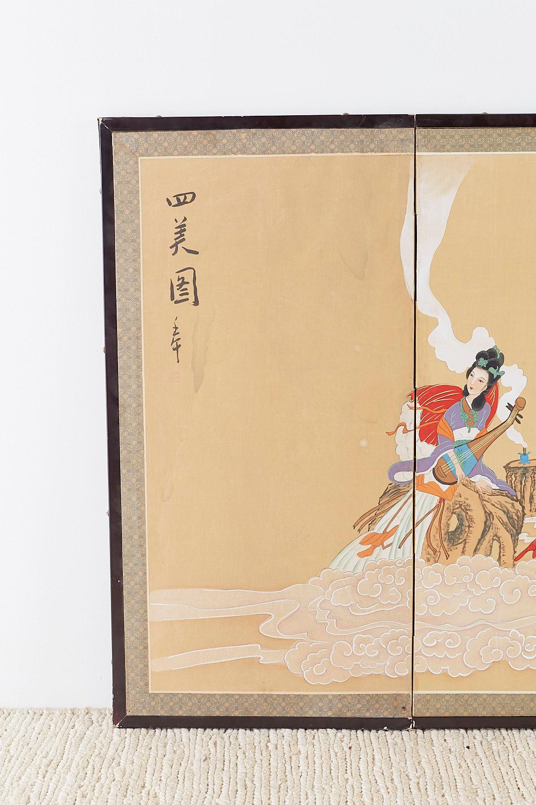 Chinesischer Byobu-Raumteiler im Byobu-Stil mit vier himmlischen Schönheiten (Moderne der Mitte des Jahrhunderts) im Angebot