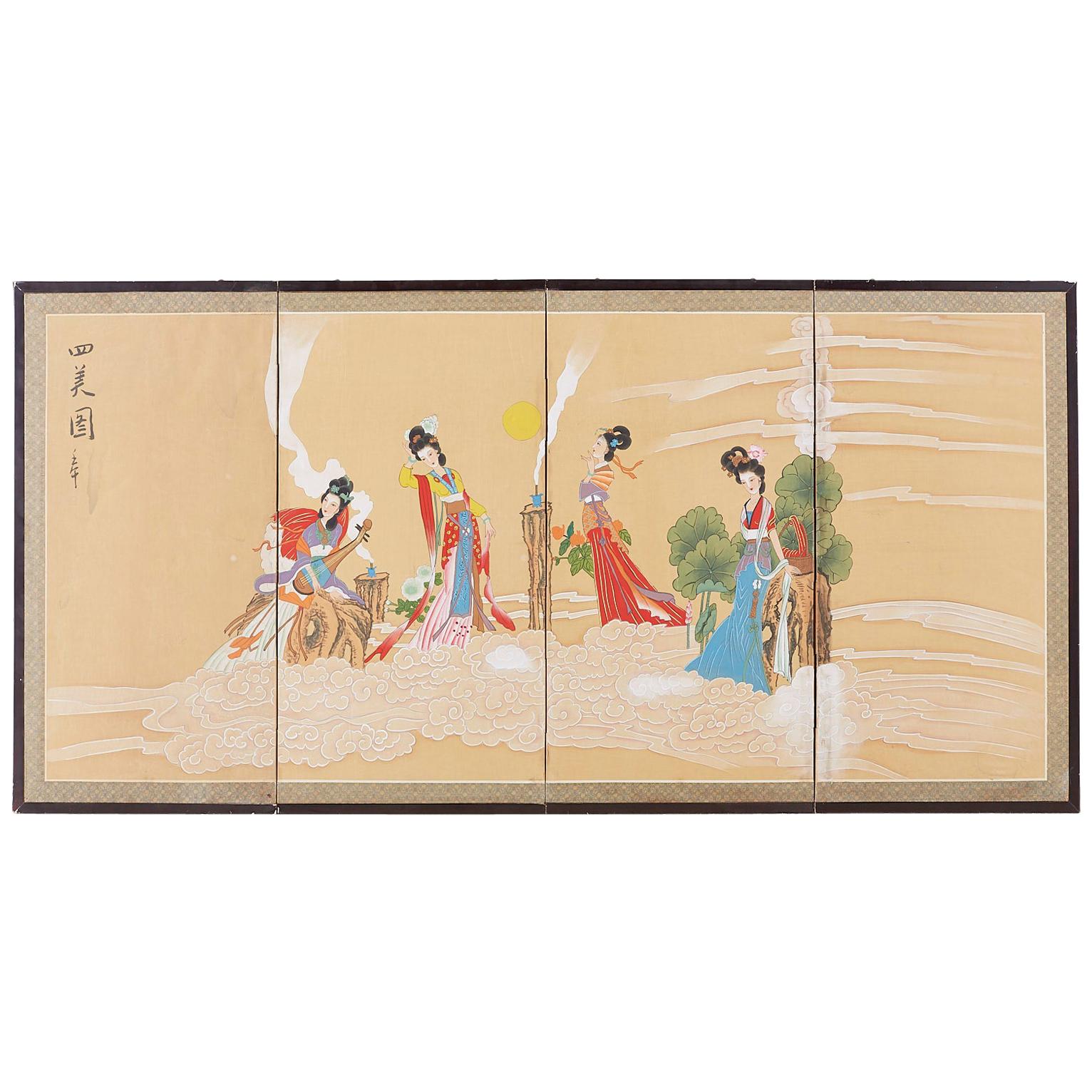 Chinesischer Byobu-Raumteiler im Byobu-Stil mit vier himmlischen Schönheiten