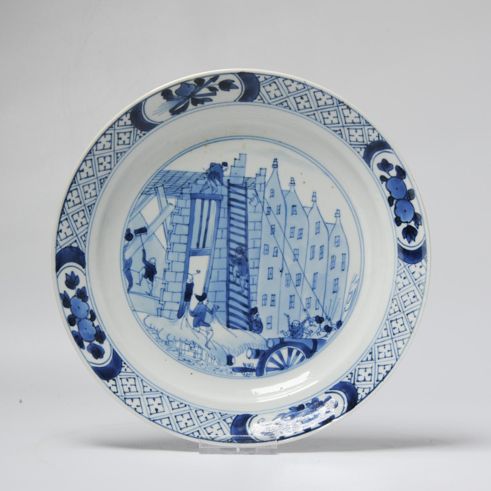 Qing Chinese Ca 1690 Kangxi Porcelain Plate Riot of Rotterdam / Kostermann Blue White For Sale