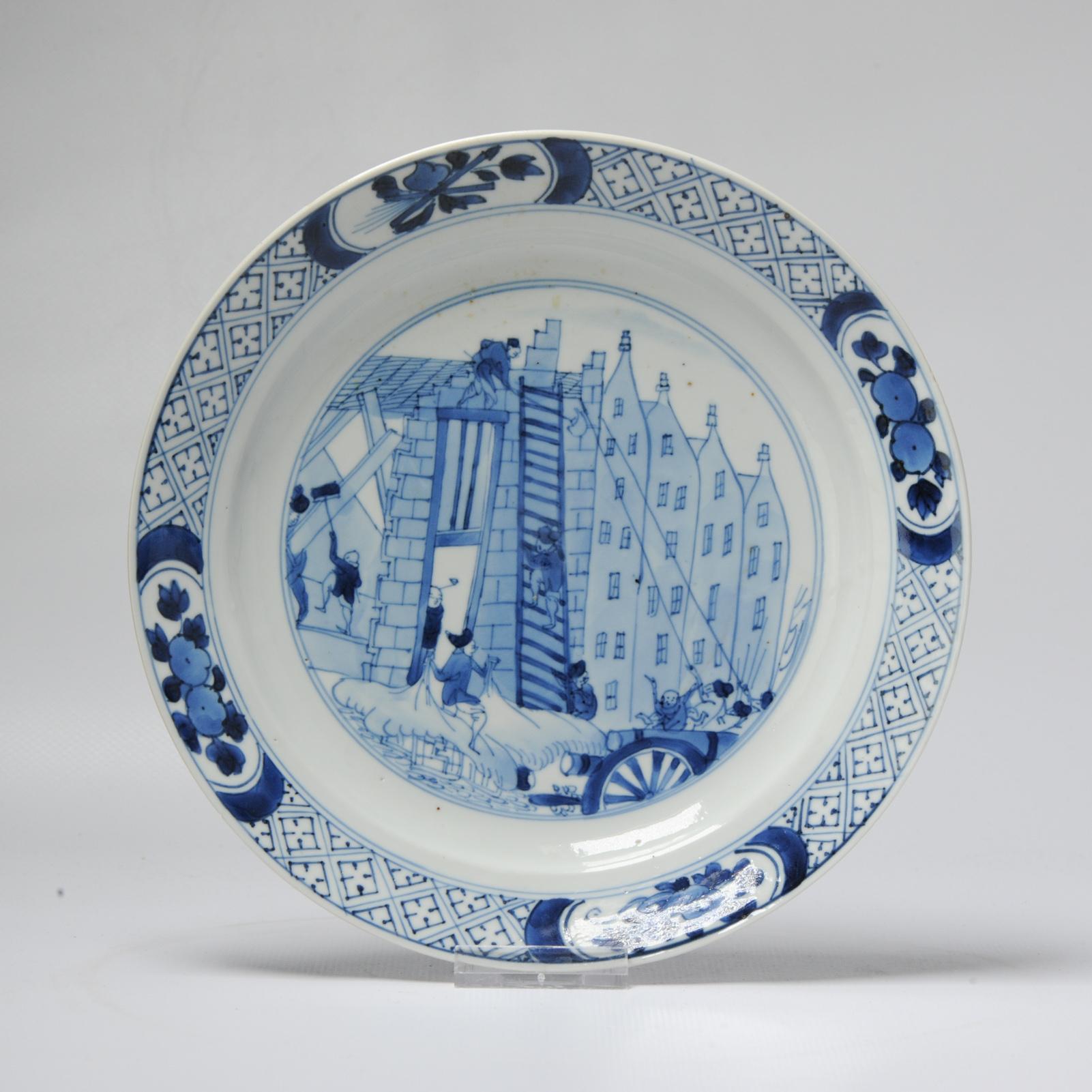 18th Century and Earlier Chinese Ca 1690 Kangxi Porcelain Plate Riot of Rotterdam / Kostermann Blue White For Sale