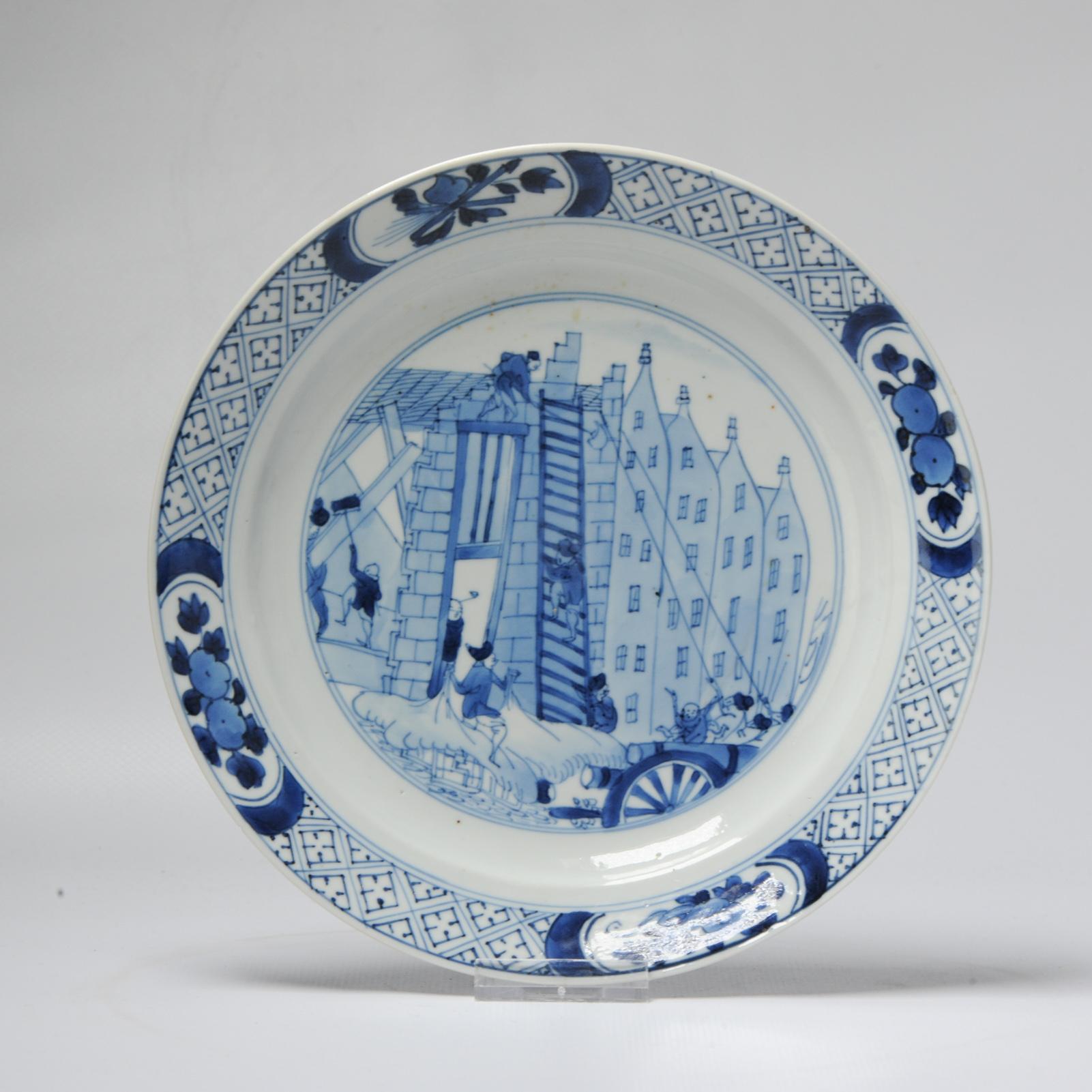 Chinese Ca 1690 Kangxi Porcelain Plate Riot of Rotterdam / Kostermann Blue White For Sale 1