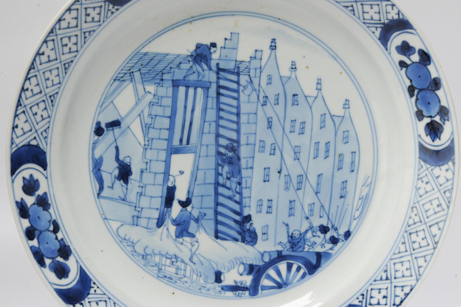 Chinese Ca 1690 Kangxi Porcelain Plate Riot of Rotterdam / Kostermann Blue White For Sale 2