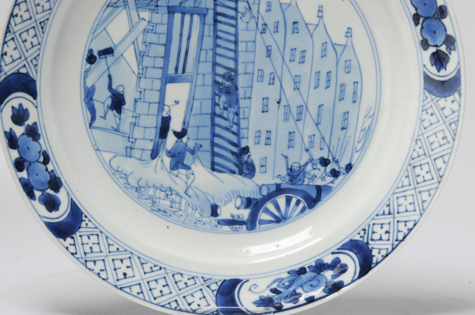 Chinese Ca 1690 Kangxi Porcelain Plate Riot of Rotterdam / Kostermann Blue White For Sale 4
