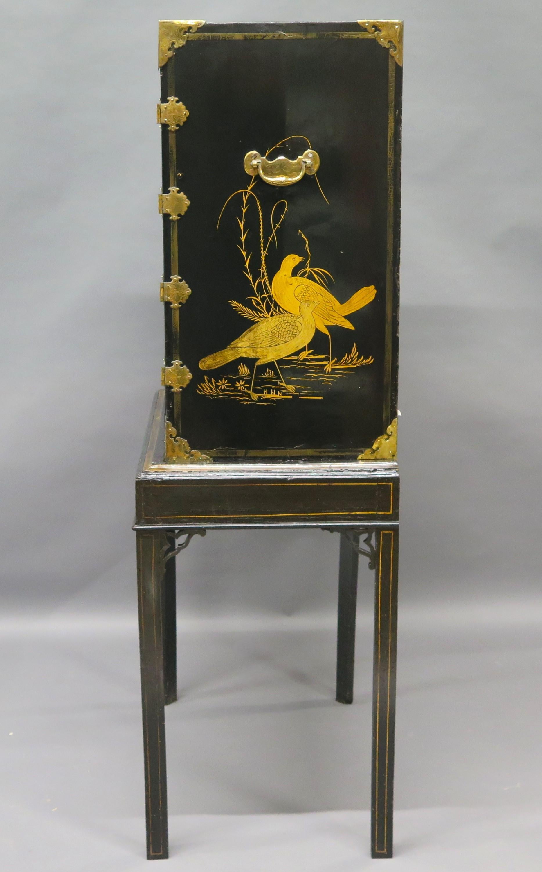 Opulent Black Lacquer Chinese Export Collector's Cabinet on Stand For Sale 4