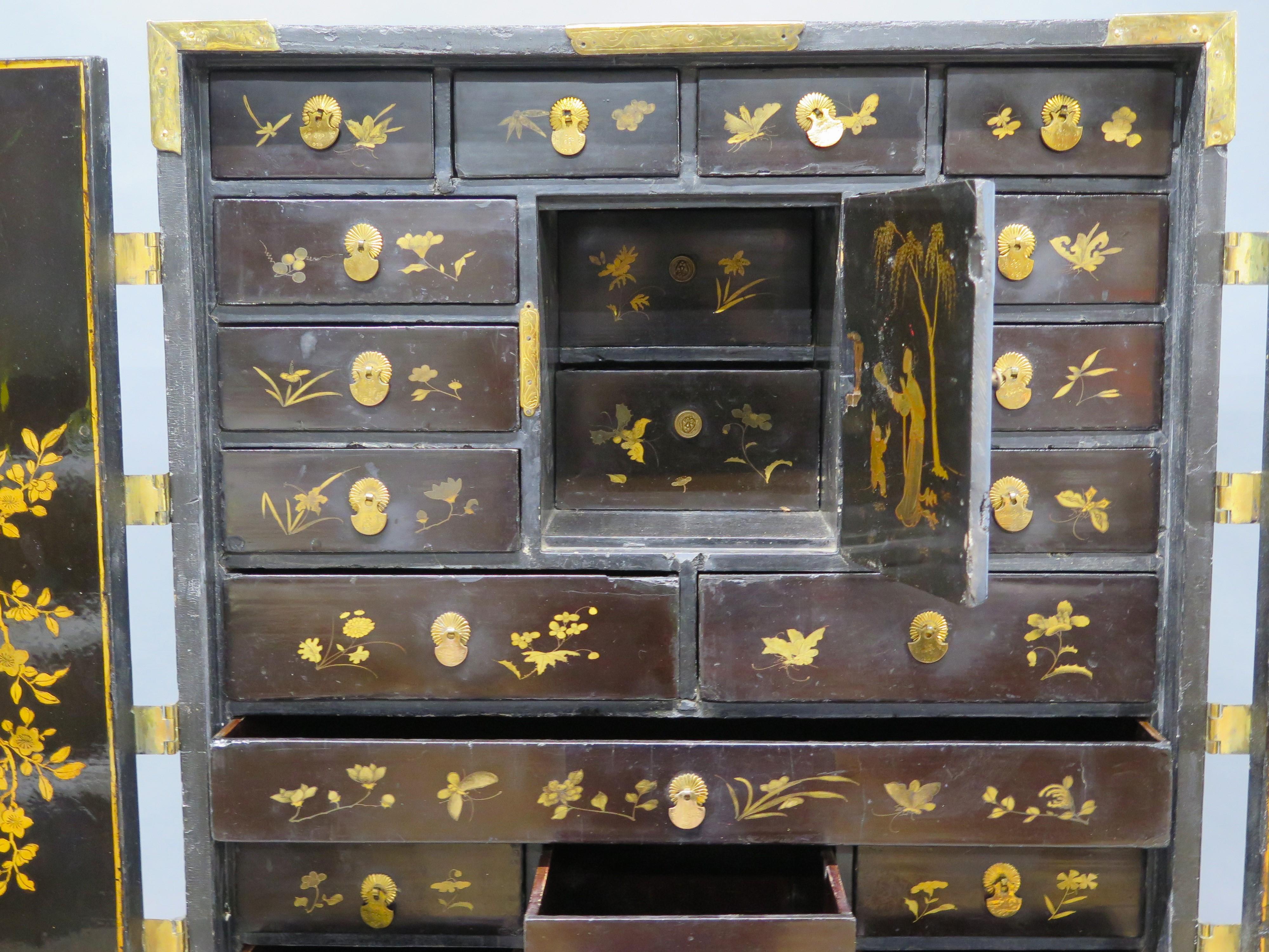 Opulent Black Lacquer Chinese Export Collector's Cabinet on Stand For Sale 5