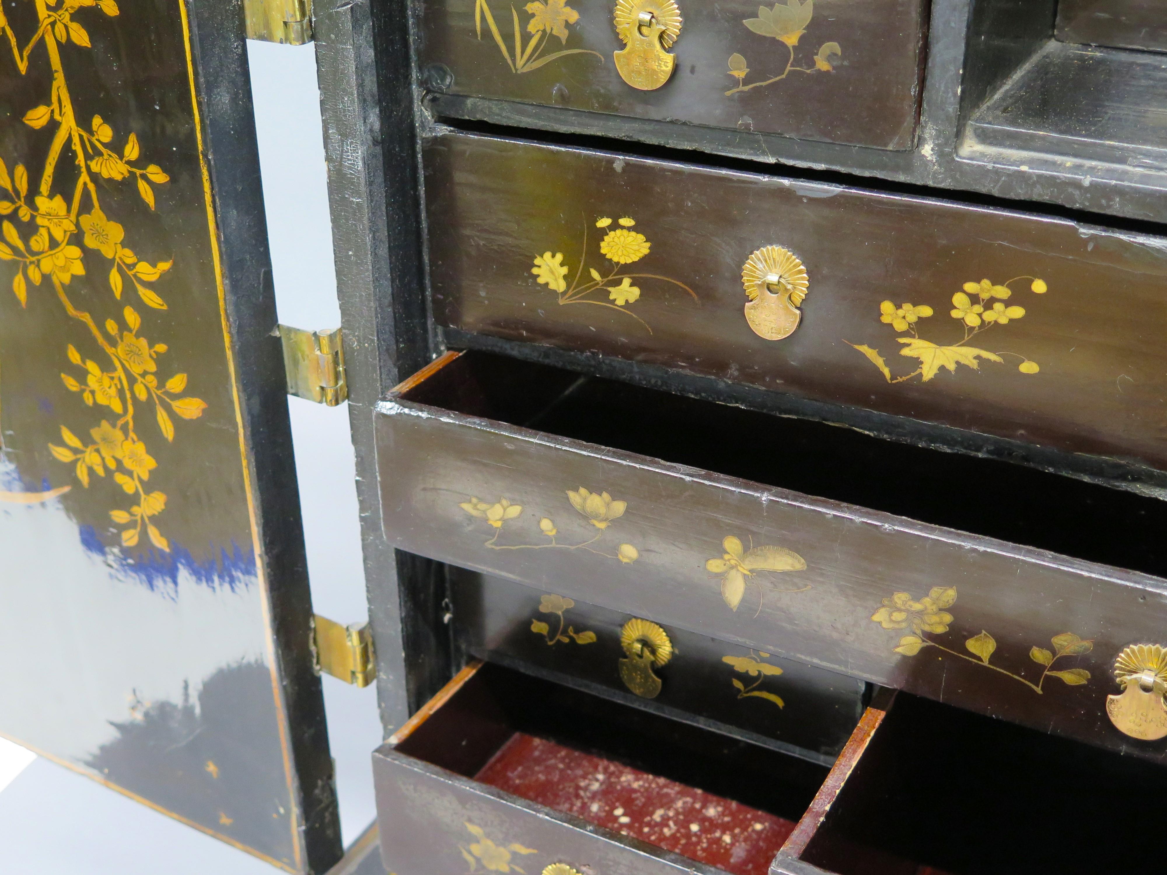 Opulent Black Lacquer Chinese Export Collector's Cabinet on Stand For Sale 6