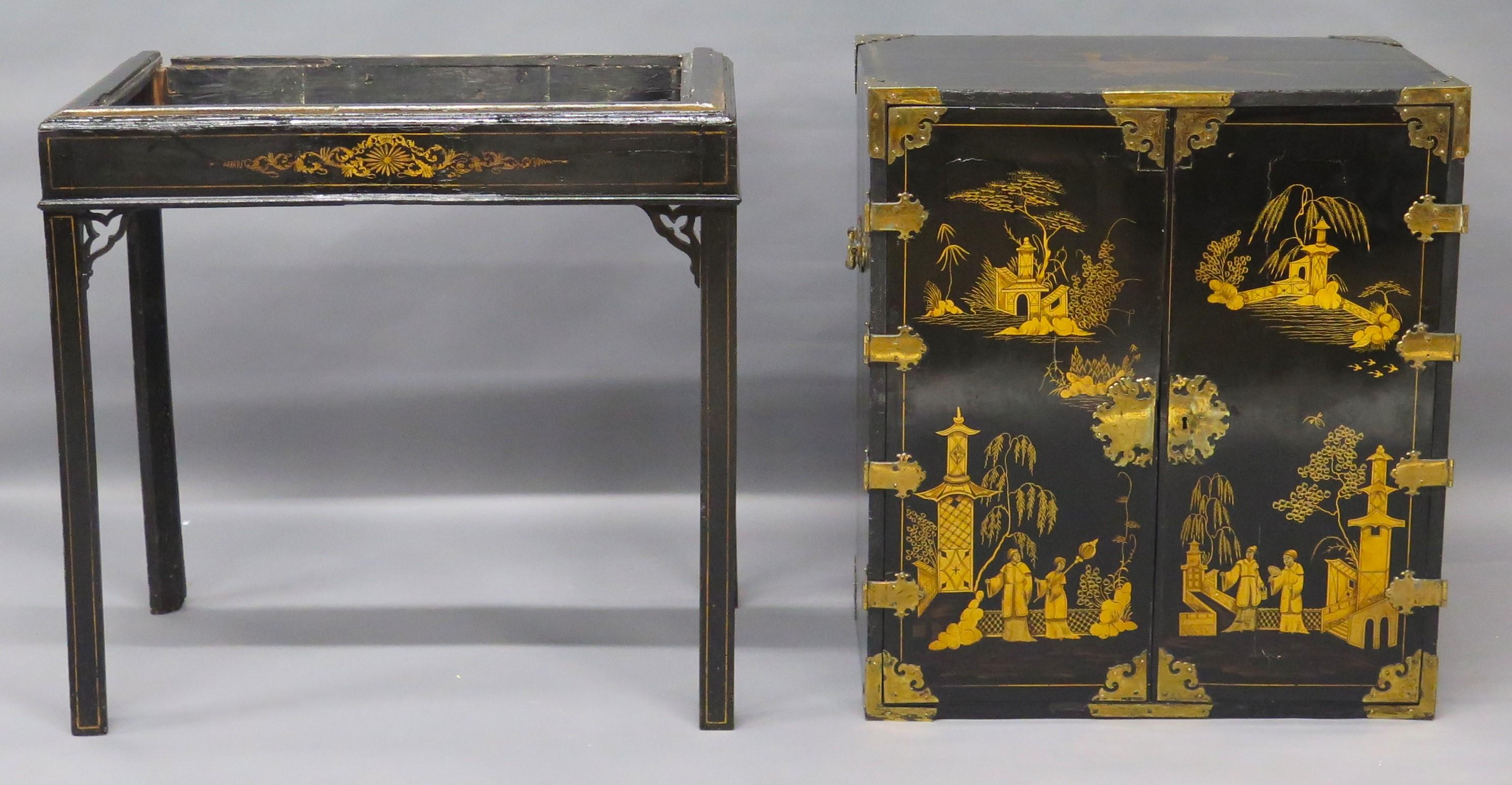 Opulent Black Lacquer Chinese Export Collector's Cabinet on Stand For Sale 8