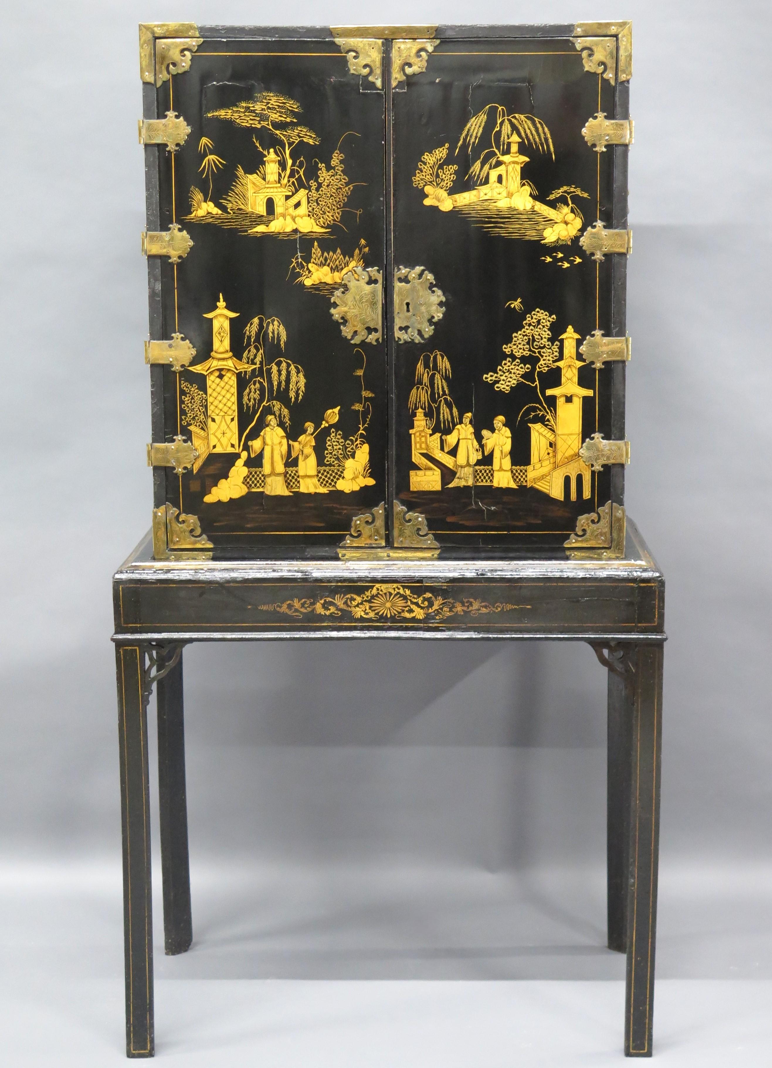 Opulent Black Lacquer Chinese Export Collector's Cabinet on Stand For Sale 11