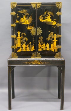 Opulent Black Lacquer Chinese Export Collector's Cabinet on Stand