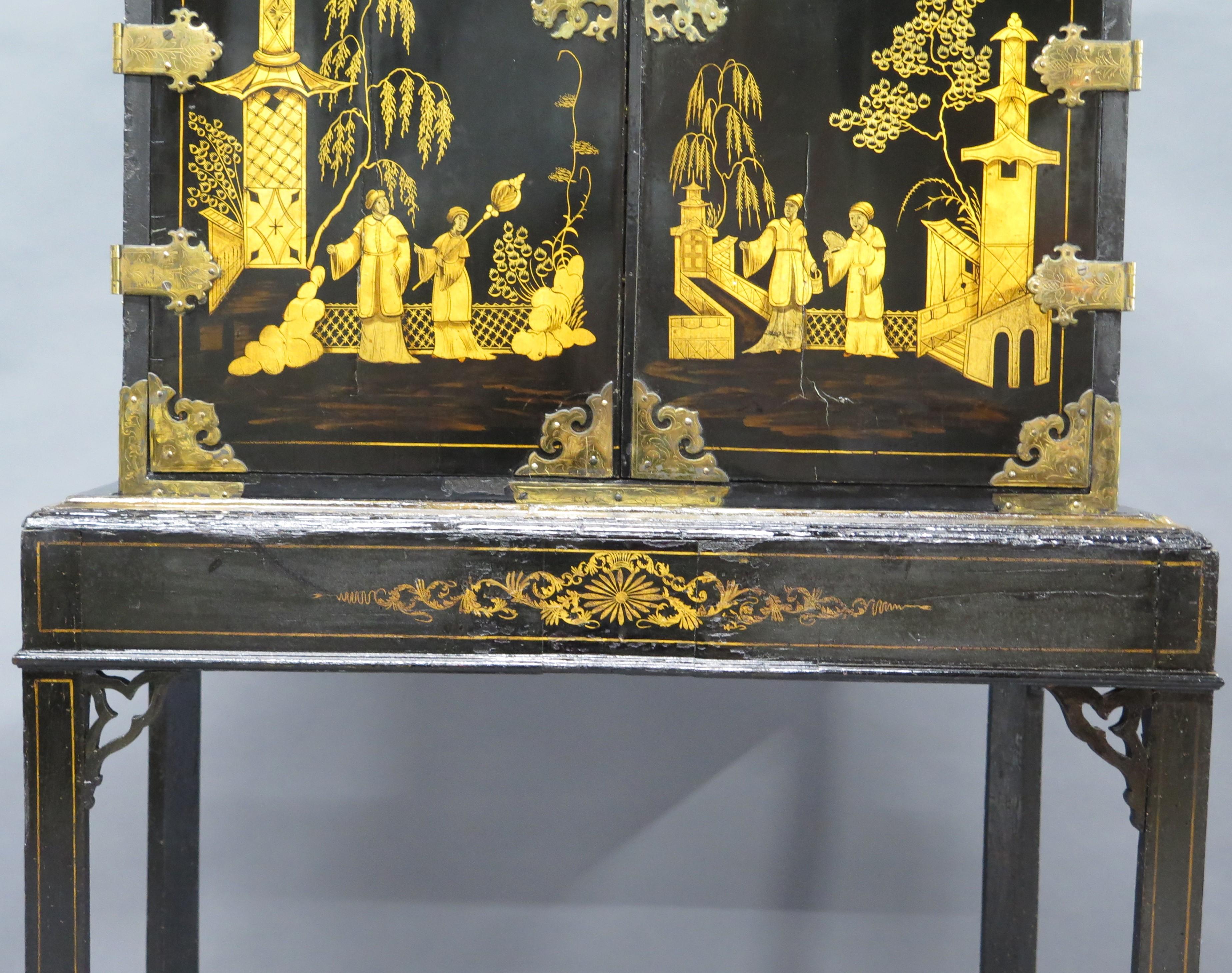 Opulent Black Lacquer Chinese Export Collector's Cabinet on Stand For Sale 1
