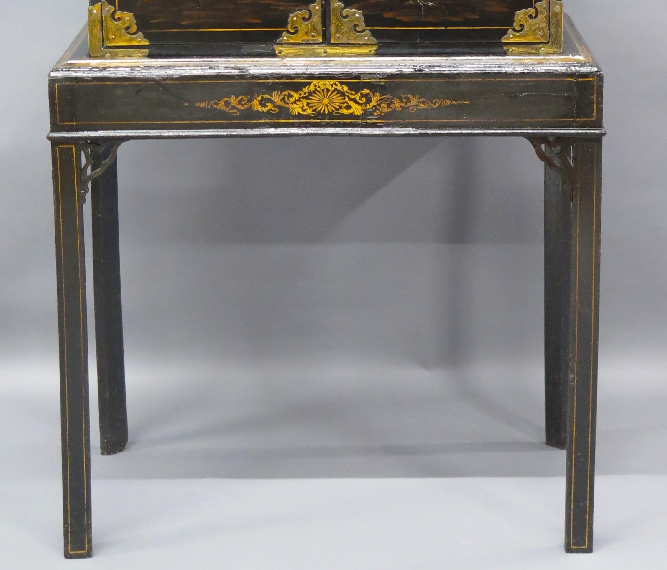 Opulent Black Lacquer Chinese Export Collector's Cabinet on Stand For Sale 2