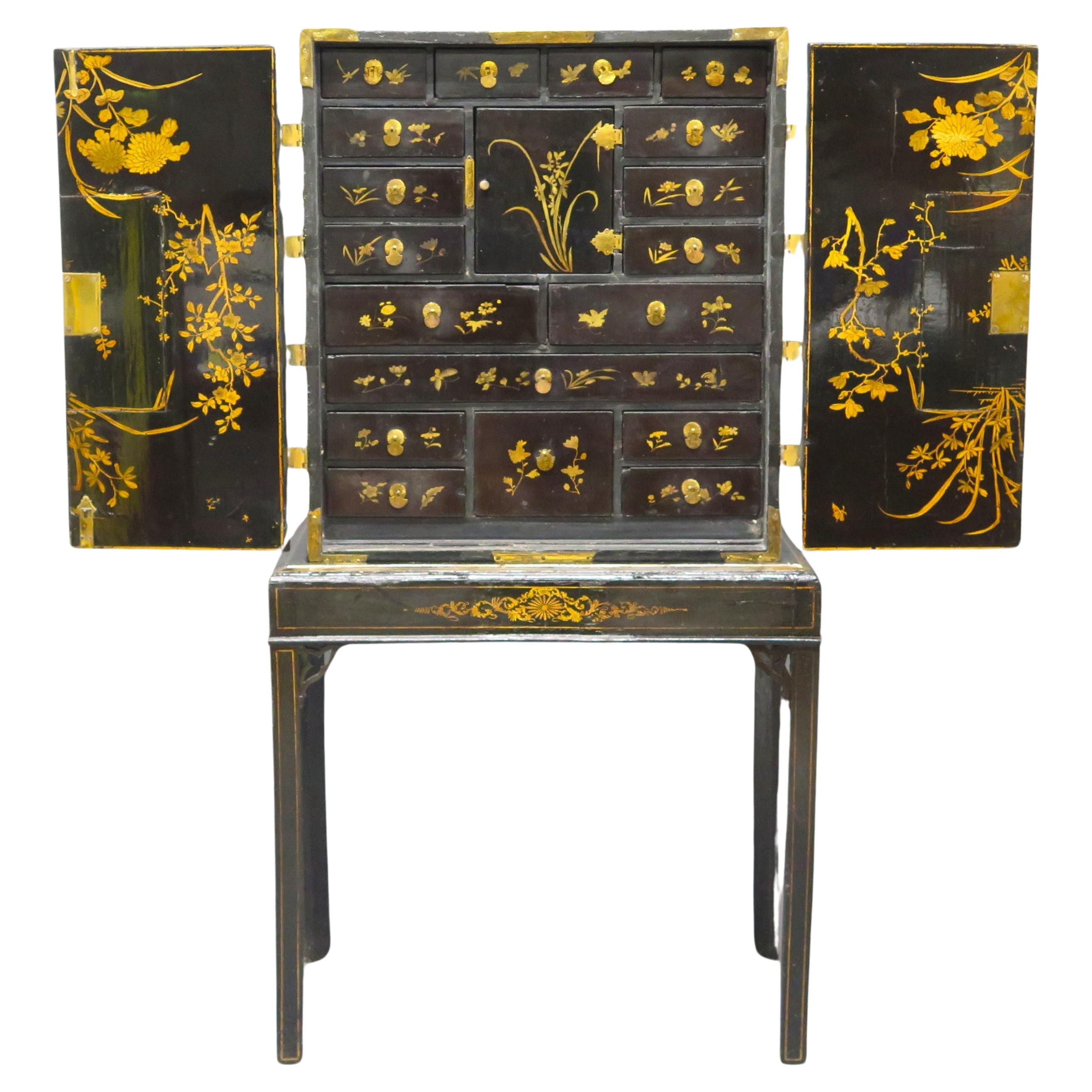 Opulent Black Lacquer Chinese Export Collector's Cabinet on Stand For Sale