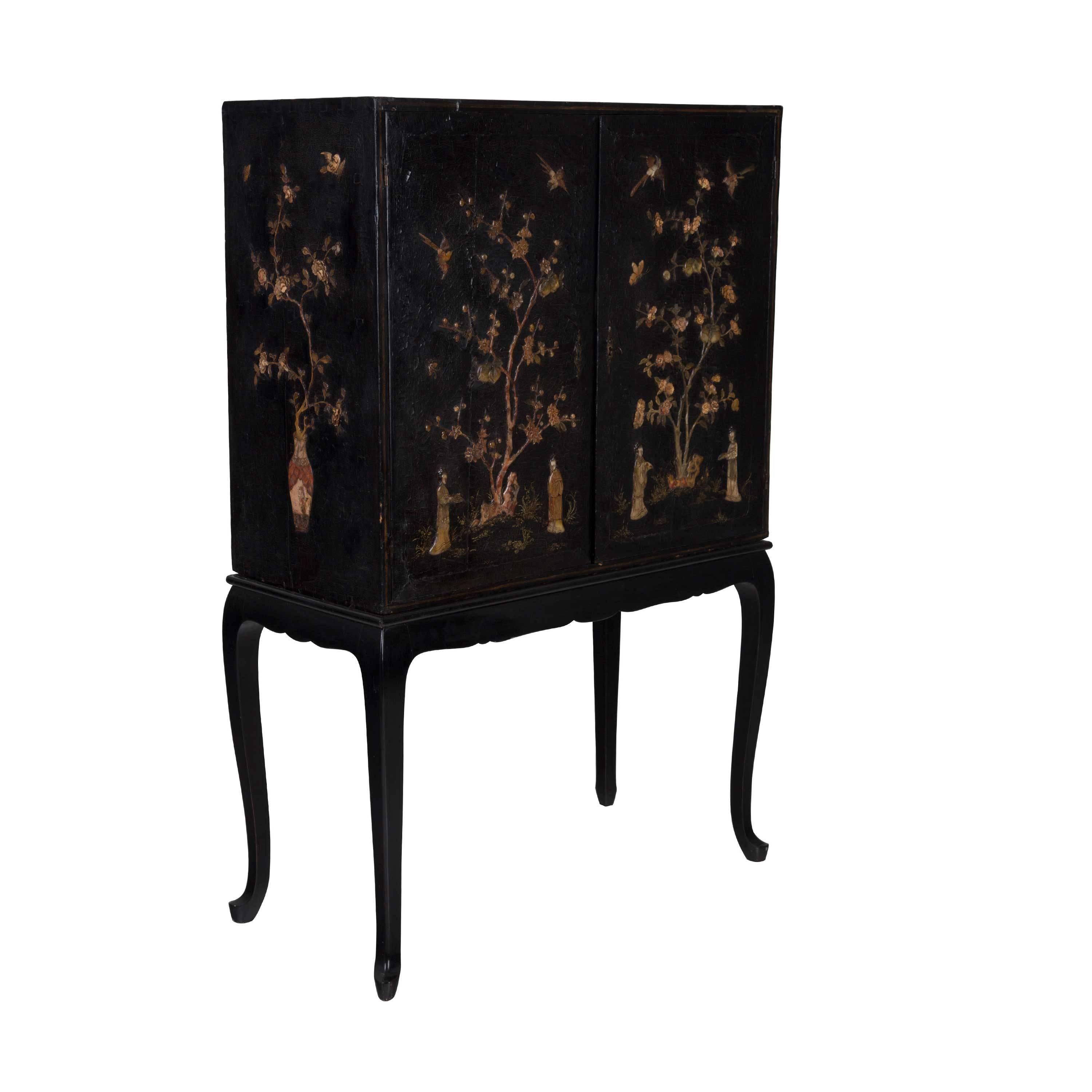 Fine late 19th century soapstone decorated Chinese cabinet on stand, circa 1880.