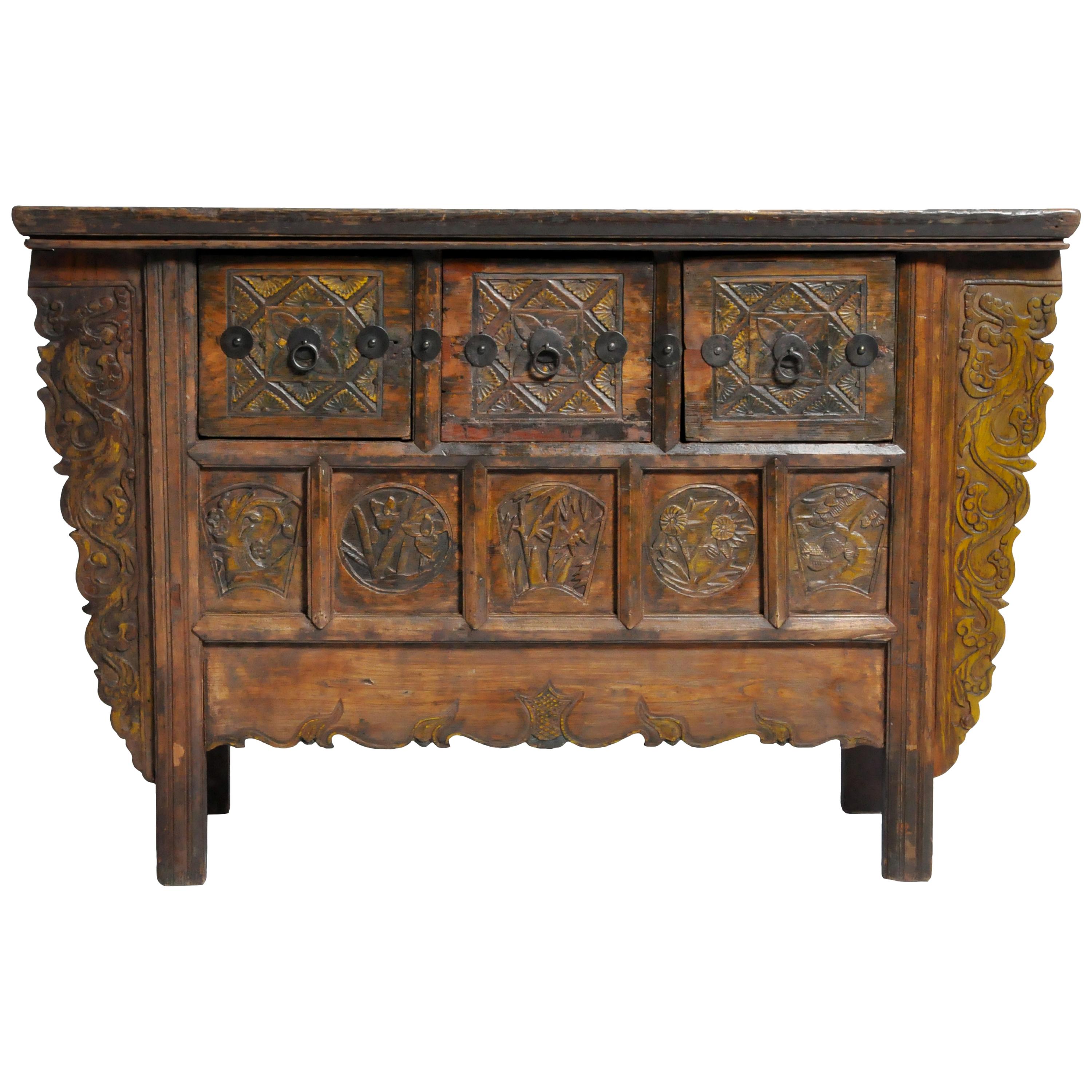 Chinese Cabinet with Three Drawers and "Five Seasons" Carving
