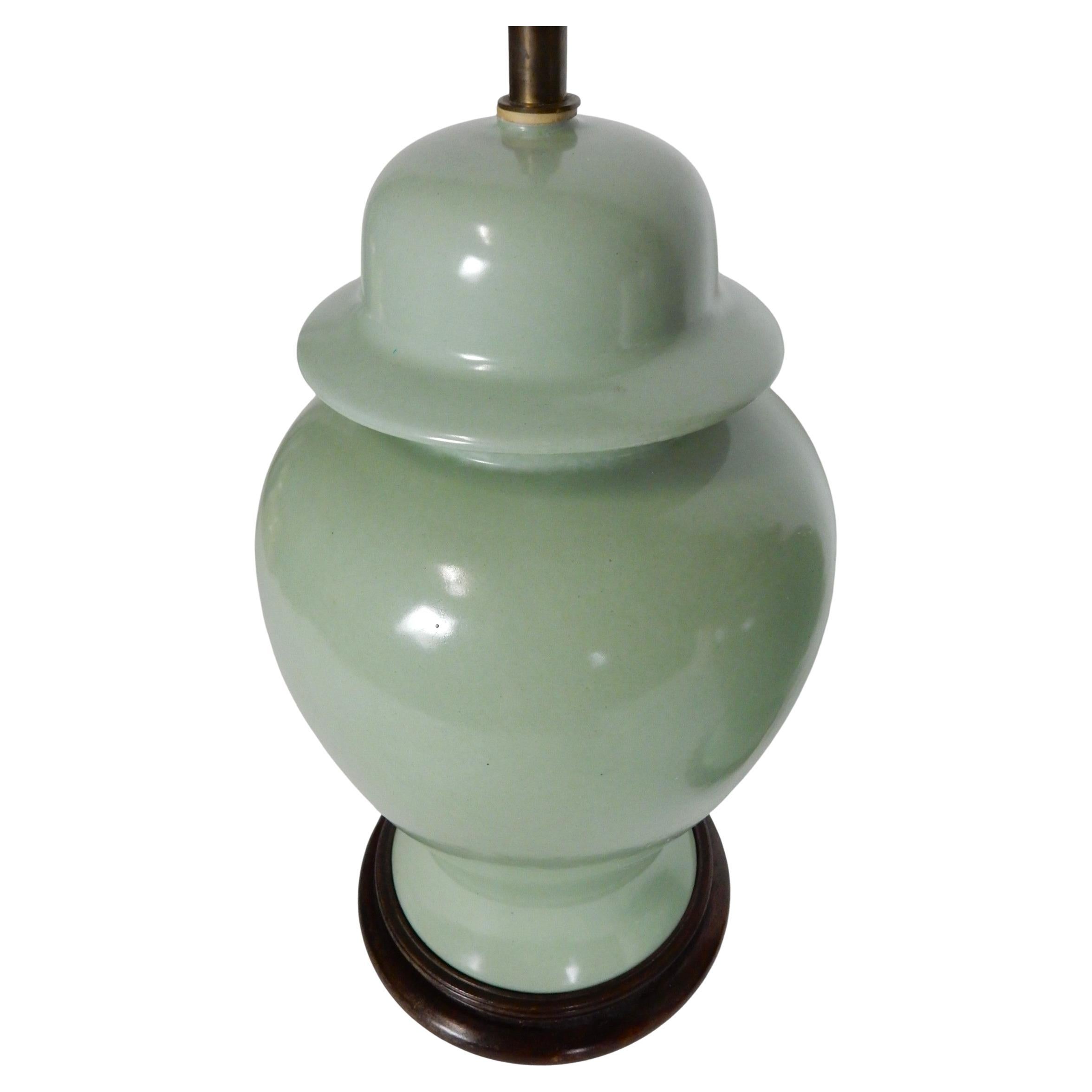 Chinese Caledon Glaze Porcelain Ginger Jar Table Lamps Large Pair In Good Condition For Sale In Las Vegas, NV