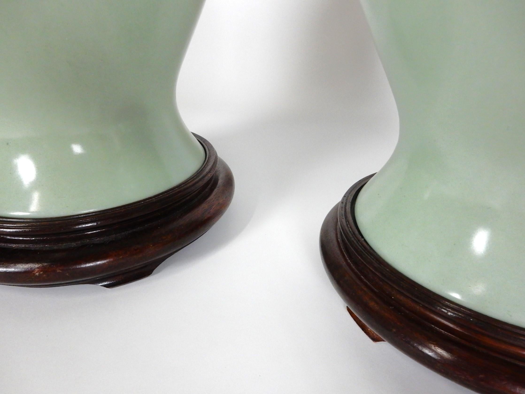 20th Century Chinese Caledon Glaze Porcelain Ginger Jar Table Lamps Large Pair For Sale