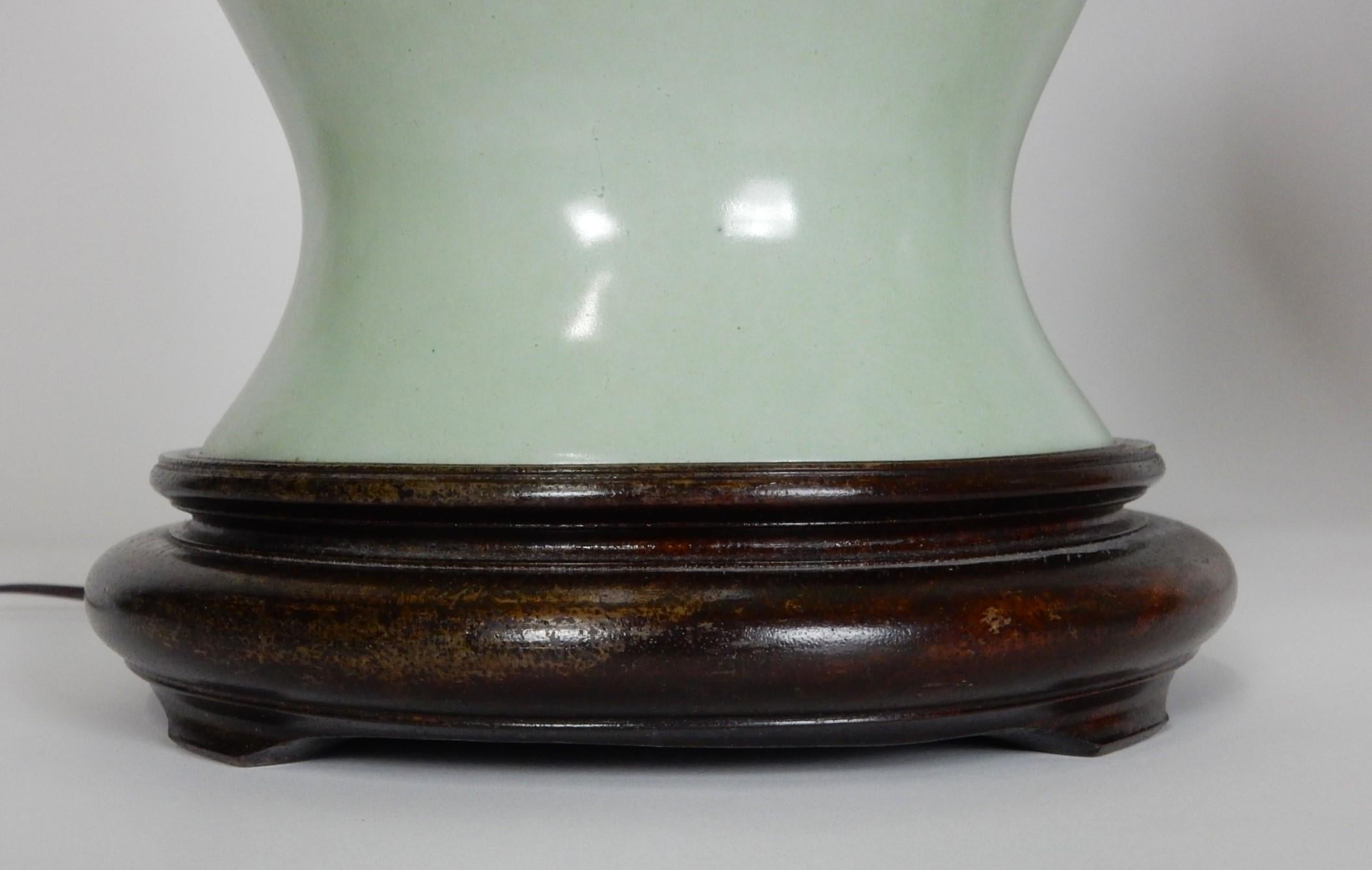 Brass Chinese Caledon Glaze Porcelain Ginger Jar Table Lamps Large Pair For Sale