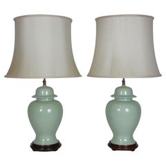 Chinese Caledon Glaze Porcelain Ginger Jar Table Lamps Large Pair