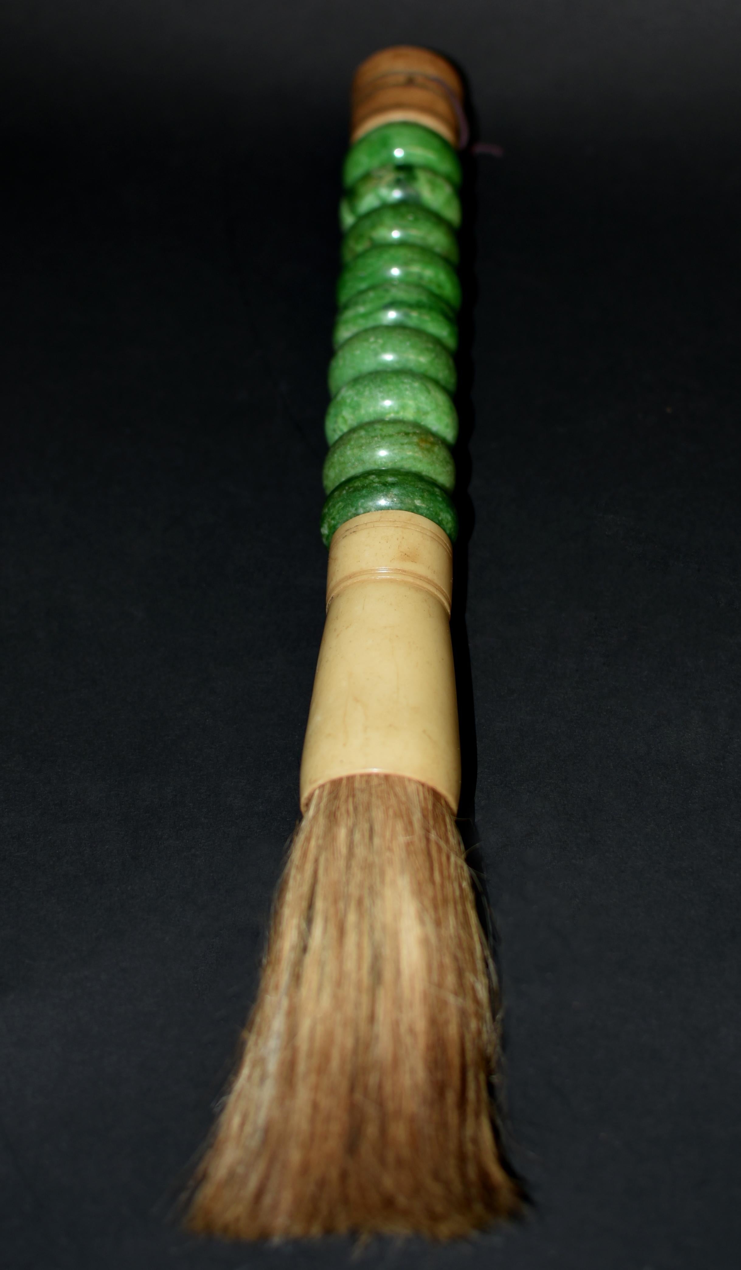 Beautiful hand made large calligraphy brush with stunning green marble beads, bone ferrule and horse hair. This is a substantial 15