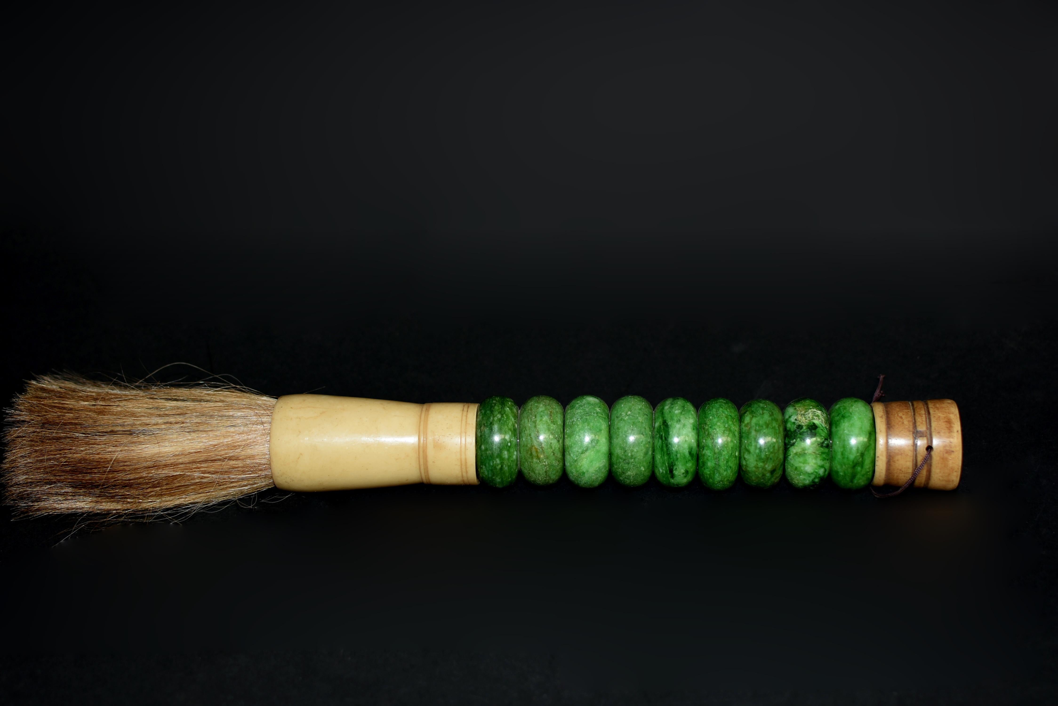 Chinese Calligraphy Brush Large Green Marble Bead In Excellent Condition In Somis, CA