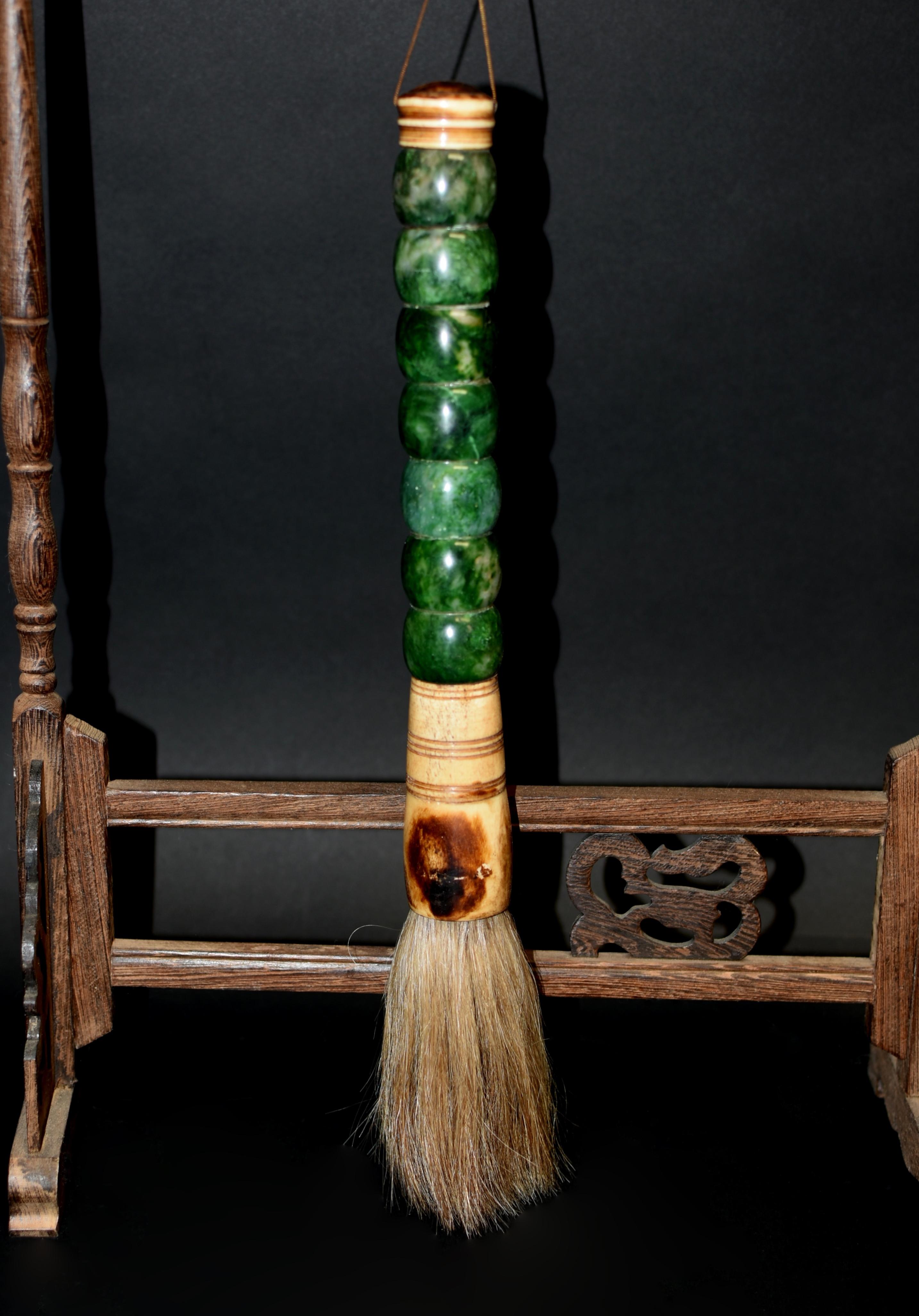 A beautiful large Chinese calligraphy brush with stunning green marble beads, natural cow bone ferrule and horse hair. This is a substantial 16