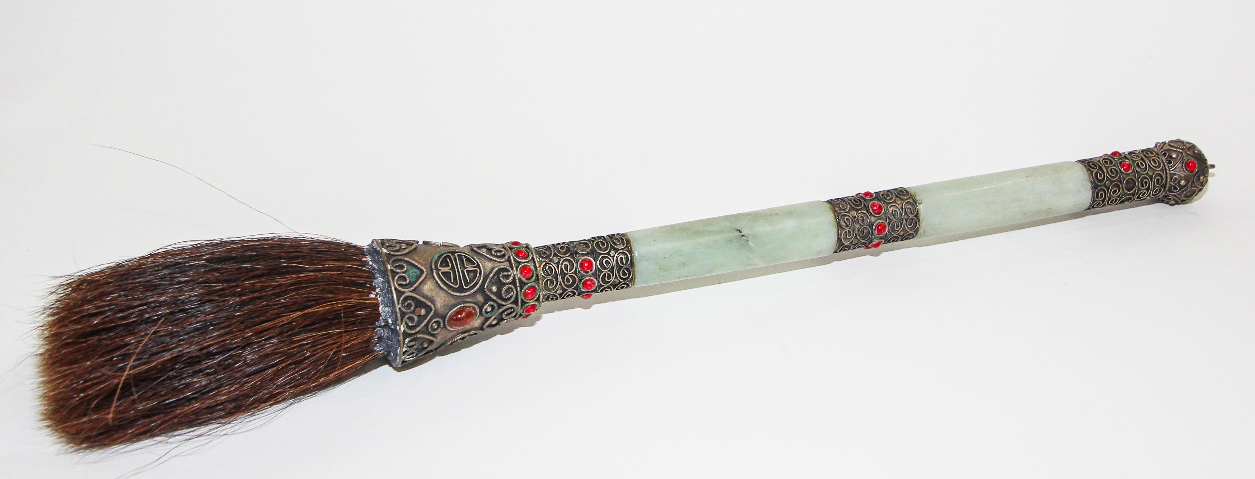 Chinese Calligraphy Brush Large Jade Green with Silver and Stones Decor 5