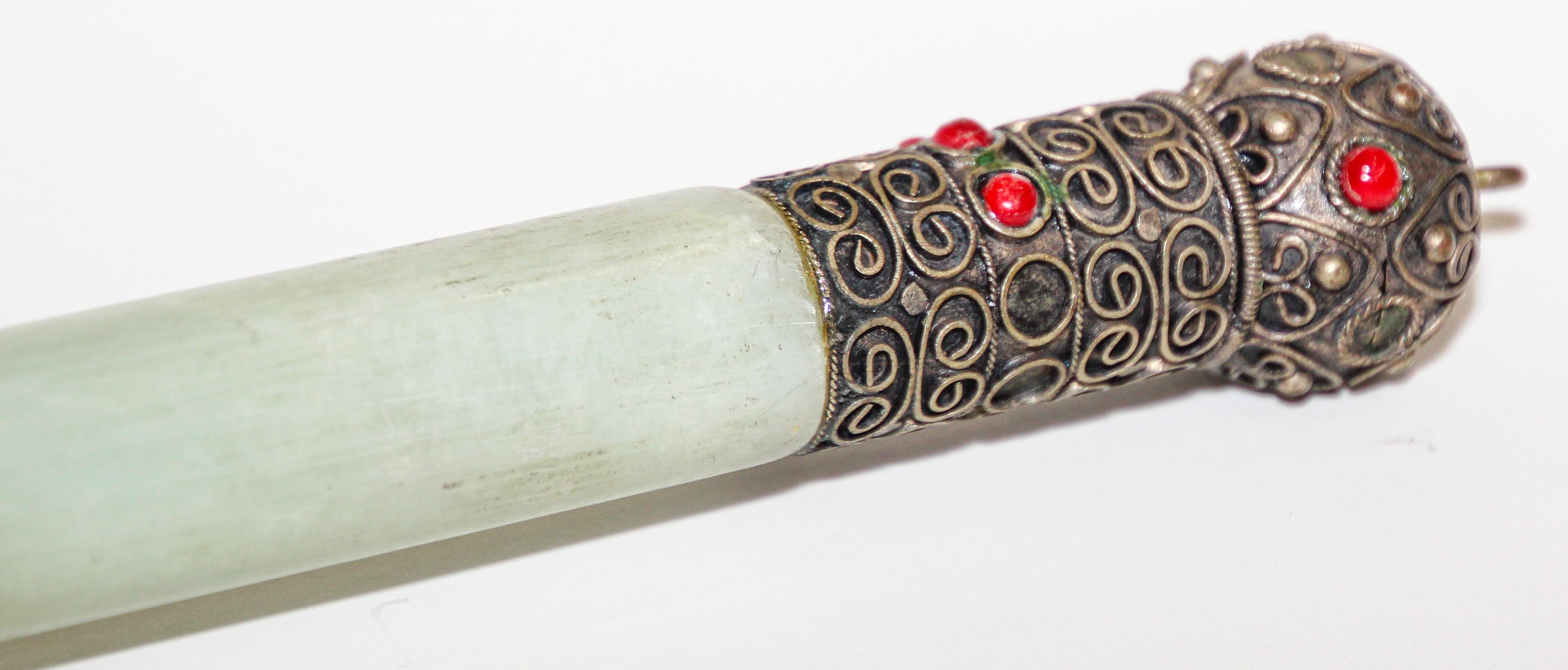 Hand-Crafted Chinese Calligraphy Brush Large Jade Green with Silver and Stones Decor