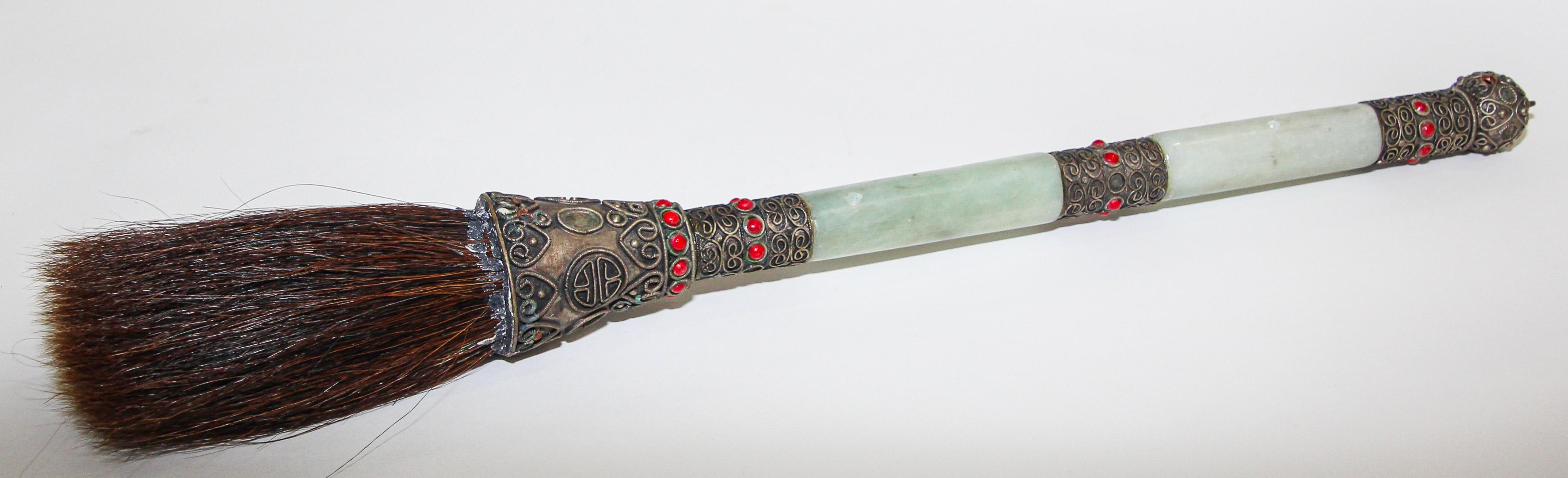 Chinese Calligraphy Brush Large Jade Green with Silver and Stones Decor In Good Condition In North Hollywood, CA