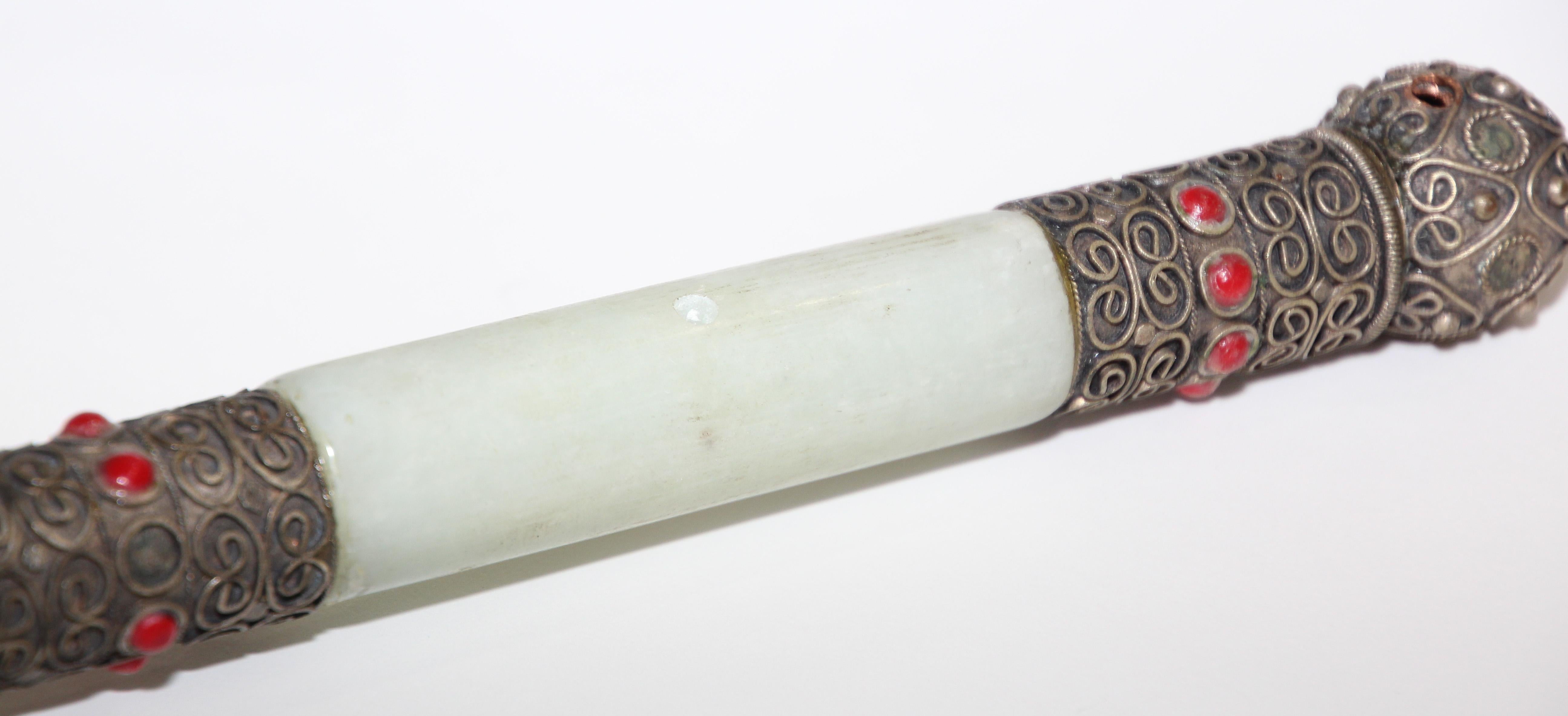 Metal Chinese Calligraphy Brush Large Jade Green with Silver and Stones Decor