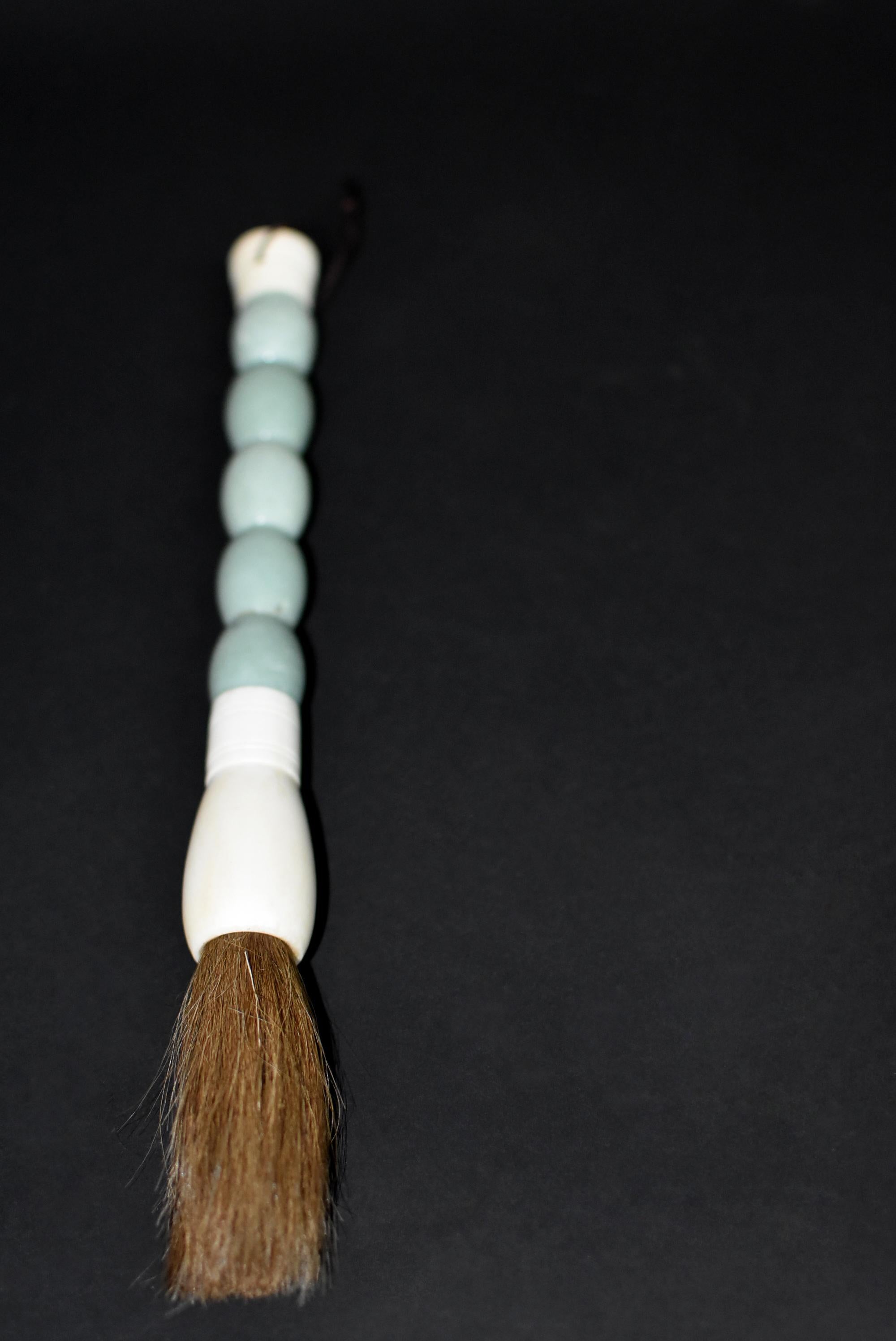 Chinese Calligraphy Brush Olive Jasper Barrel Beads In Good Condition For Sale In Somis, CA
