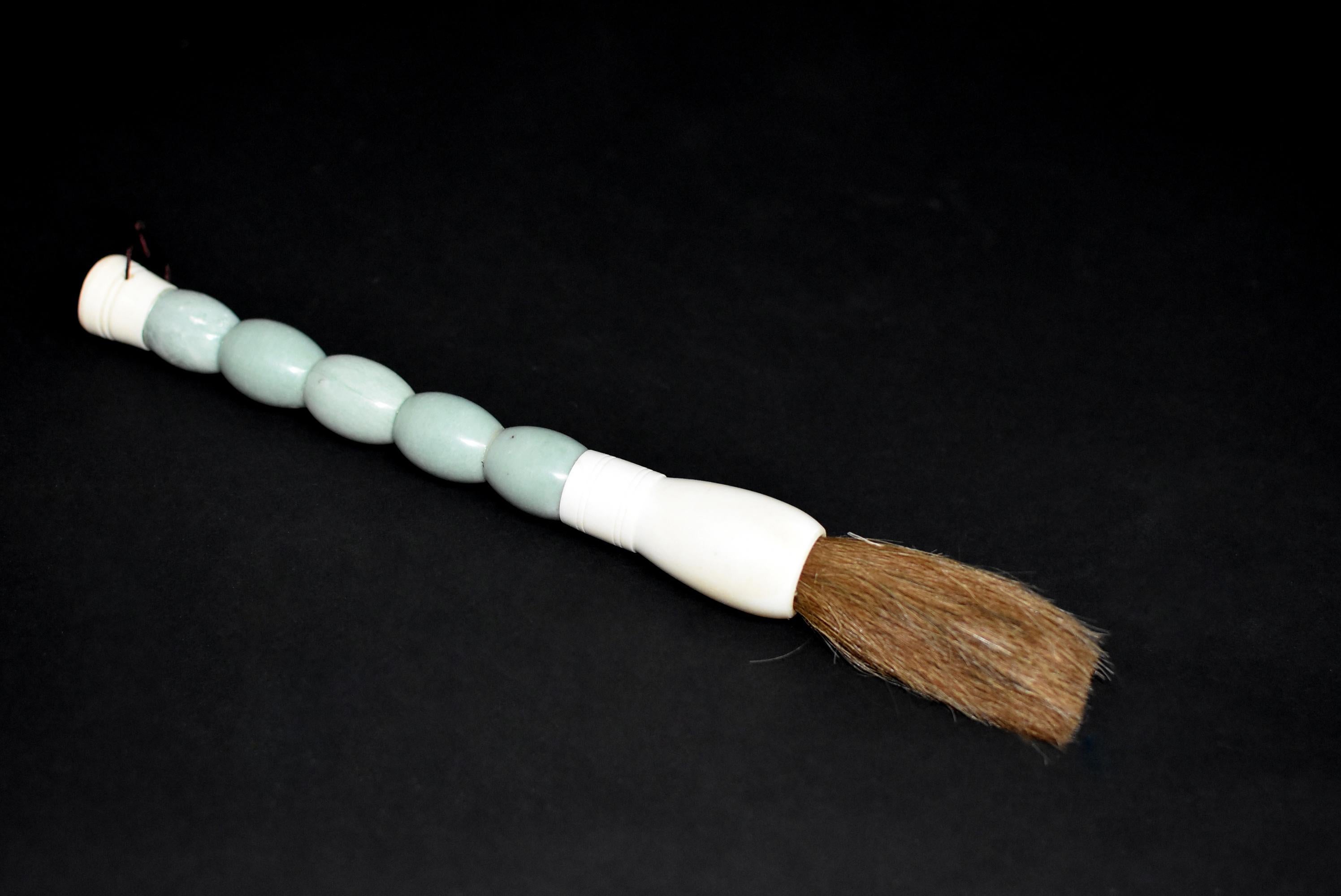 Contemporary Chinese Calligraphy Brush Olive Jasper Barrel Beads  For Sale