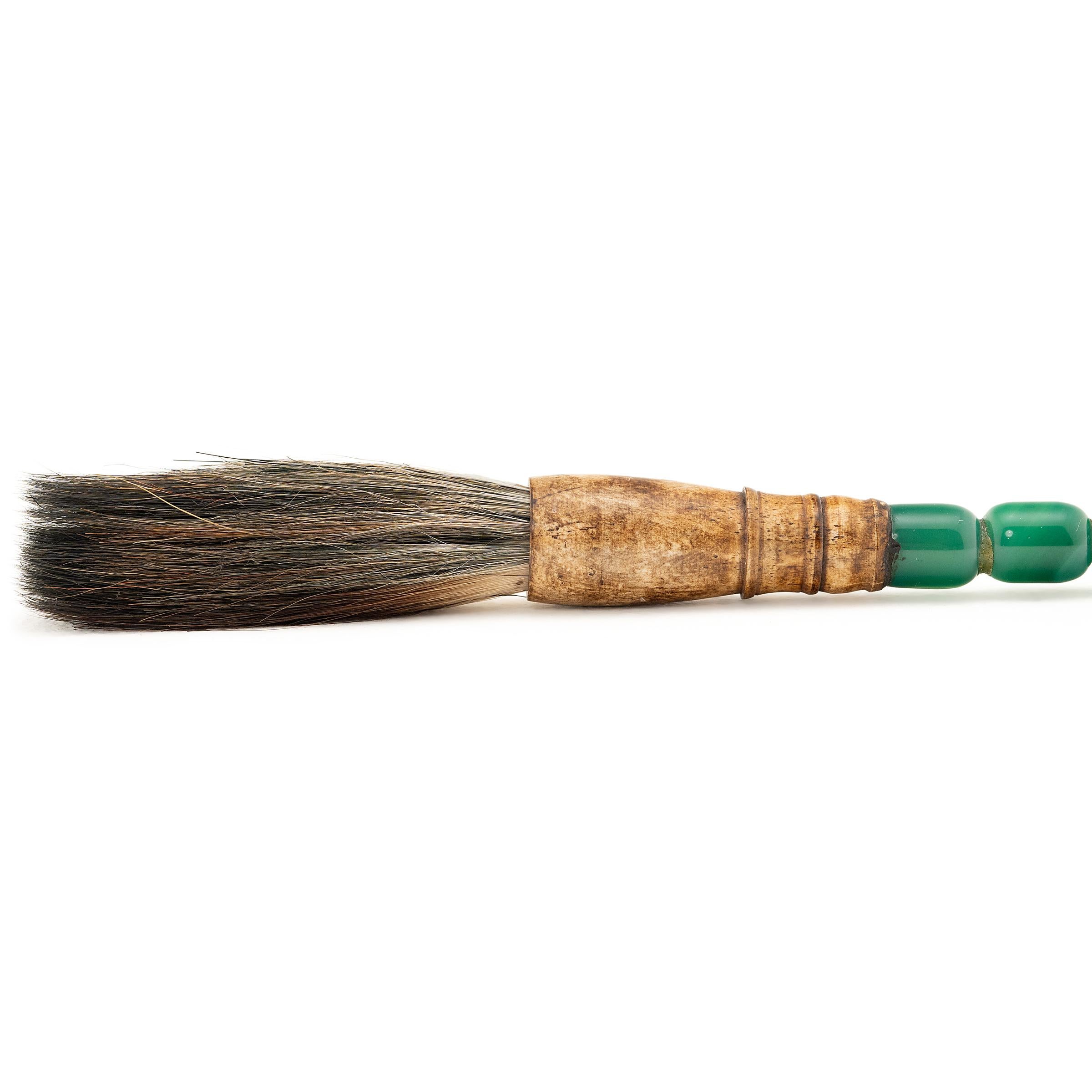 Chinese Calligraphy Brush with Green Stone Handle In Good Condition For Sale In Chicago, IL