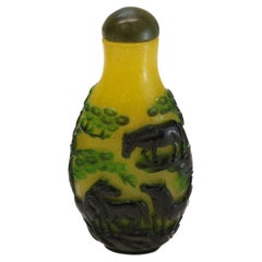 Vintage Chinese Cameo Green & Yellow Forest Hand Carved Snuff Bottle, Pre 1920