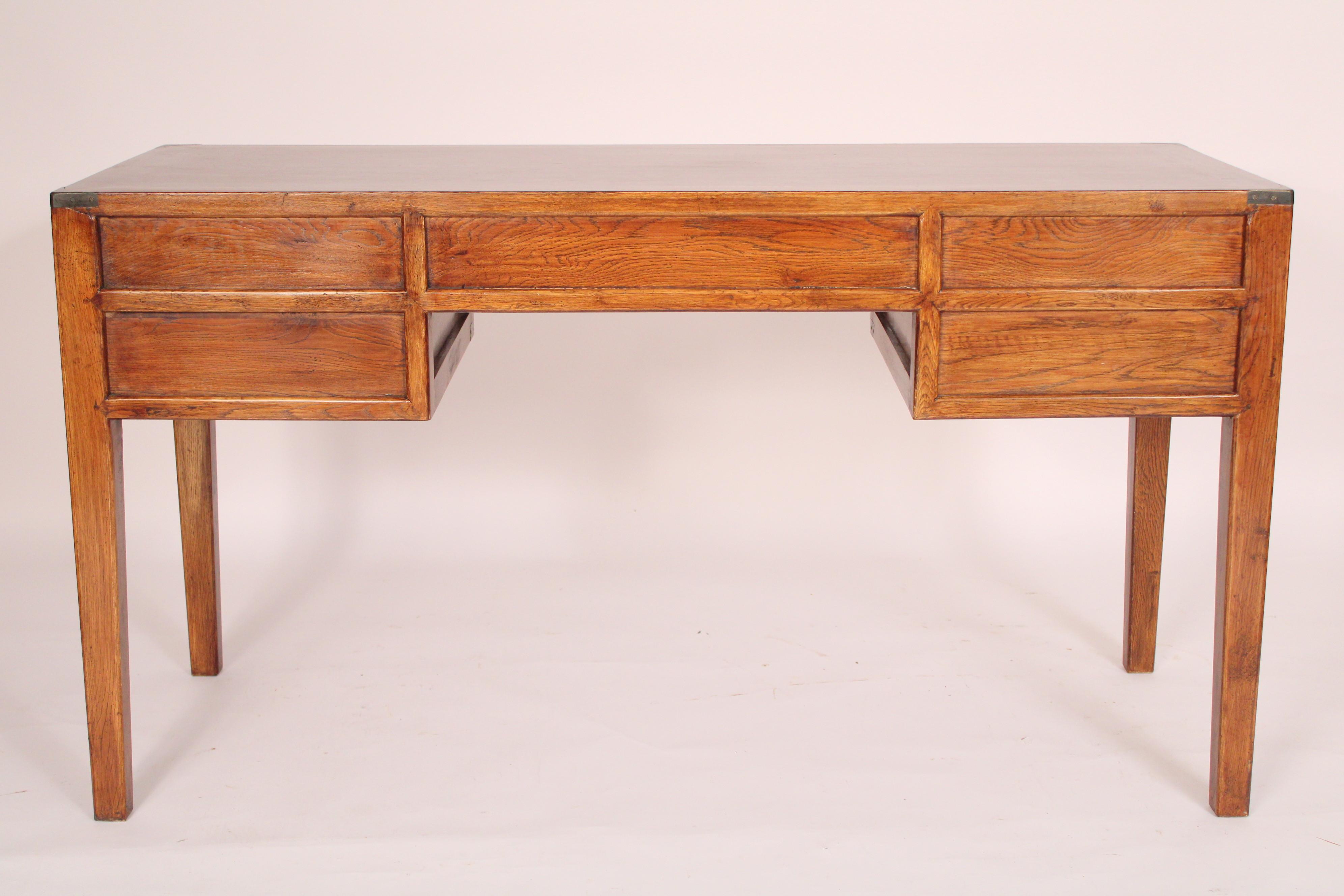 Brass Chinese Campaign Style Elm Wood Desk