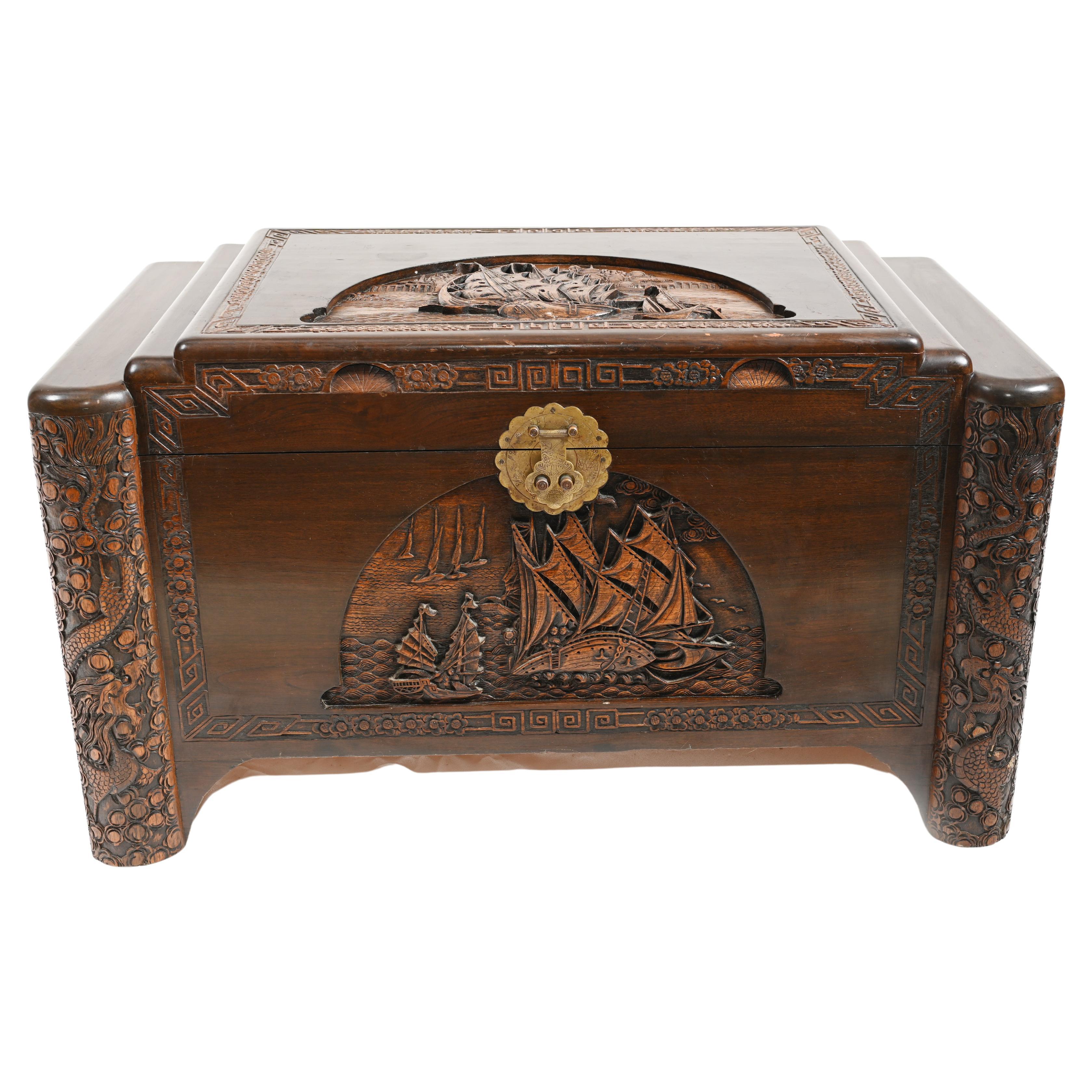 Chinese Camphor Chest Carved Antique Box Trunk Hong Kong