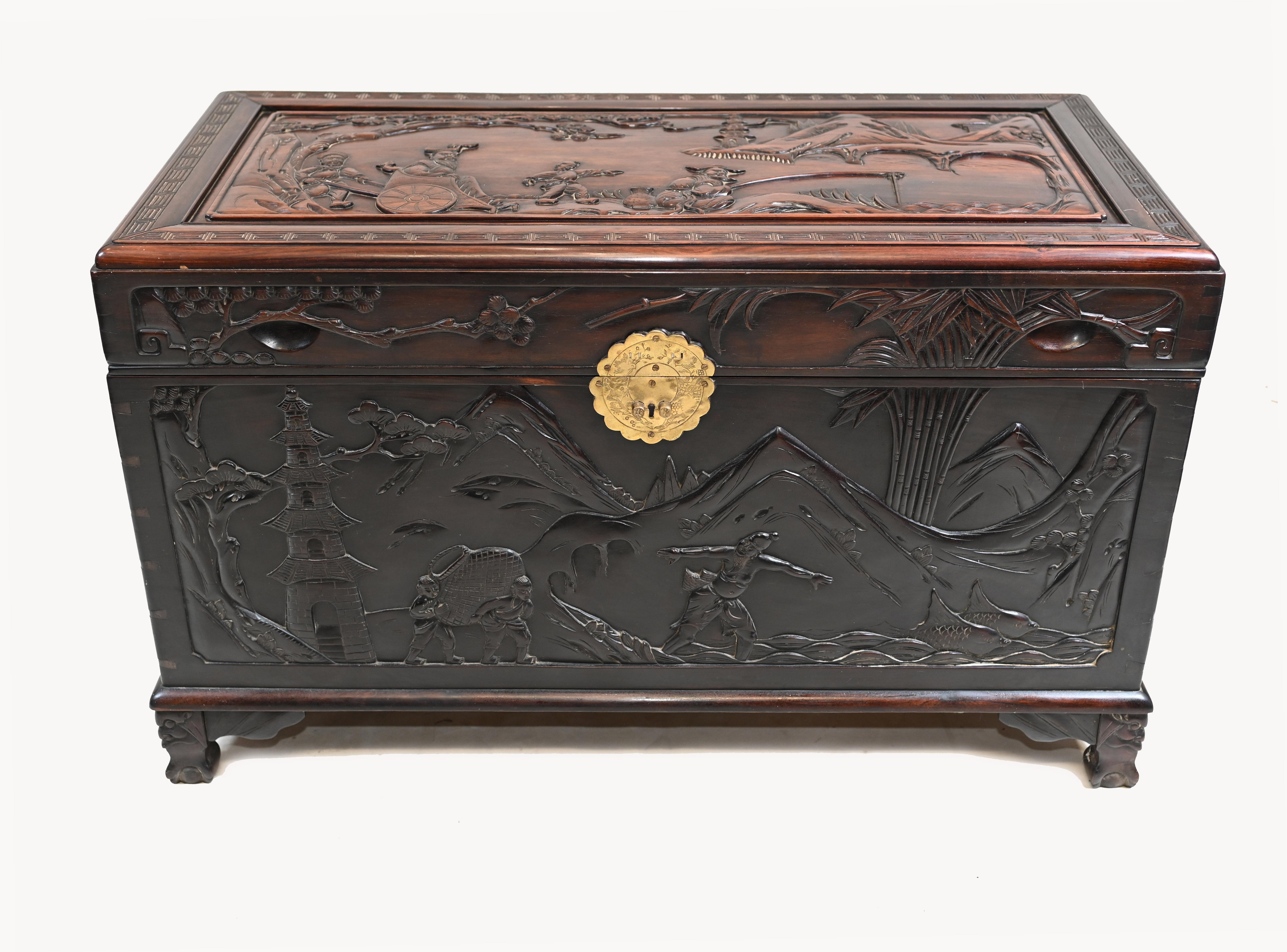 A rare Chinese hardwood camphor chest with carved scenes circa 1880
Good size and very solid.
Carving is particularly detailed showing Chinese scenes.
Offered in great shape ready for home use right away.
We ship to every corner of the planet.
 