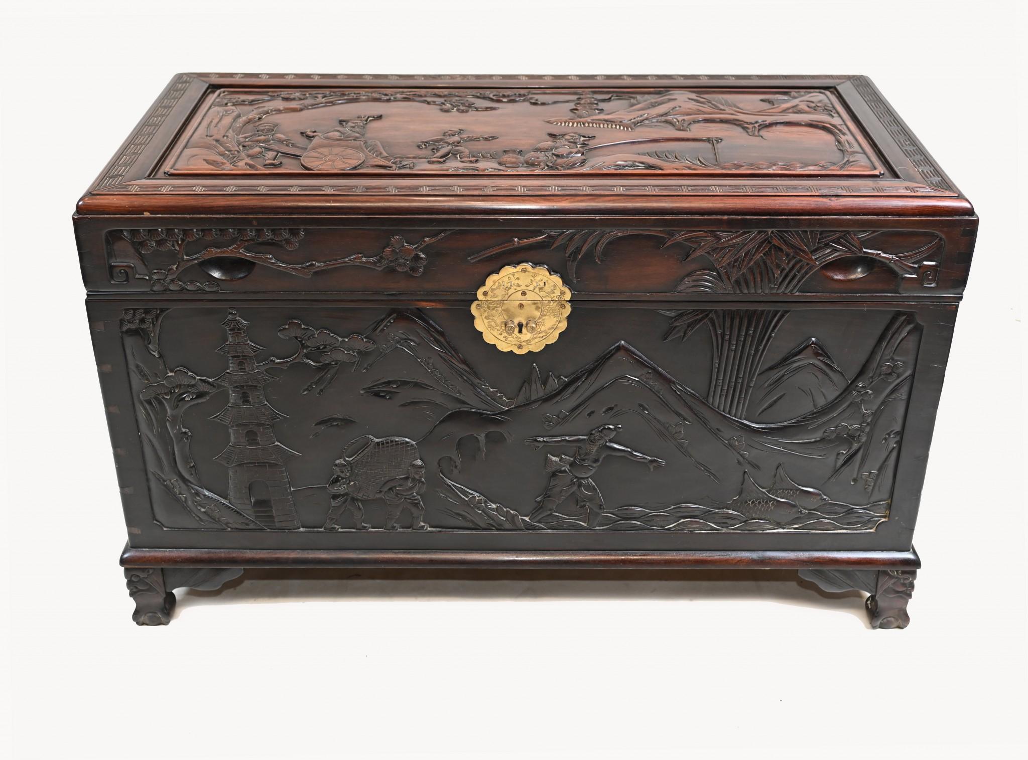 A rare Chinese hardwood camphor chest with carved scenes circa 1880
Good size and very solid
Carving is particularly detailed showing Chinese scenes
Offered in great shape ready for home use right away
We ship to every corner of the planet