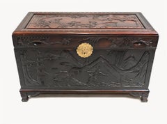 Coffre de voyage chinois en bois de feuillus sculpté 1880