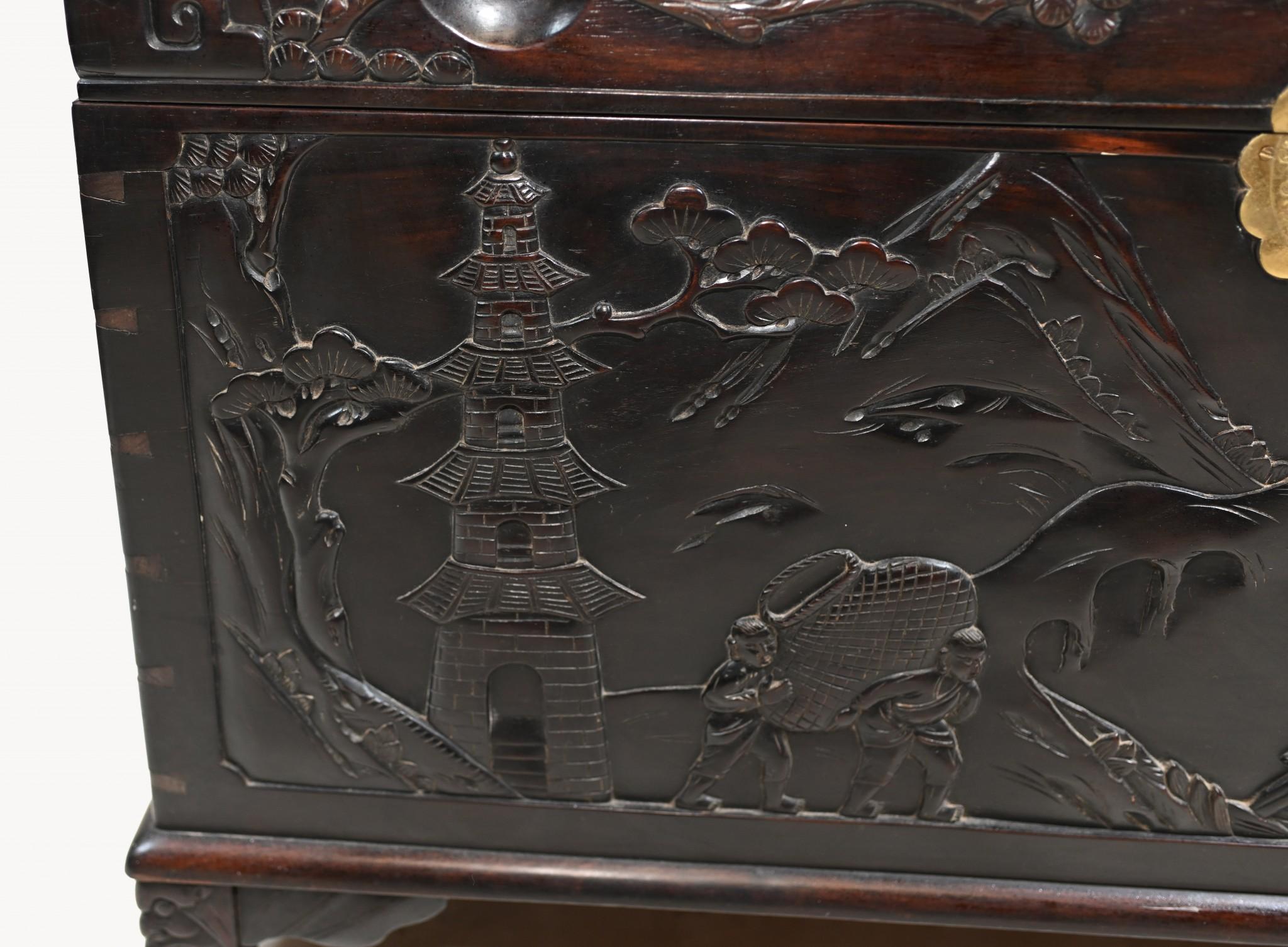 Bois de feuillus Coffre de voyage chinois en bois de feuillus sculpté 1880