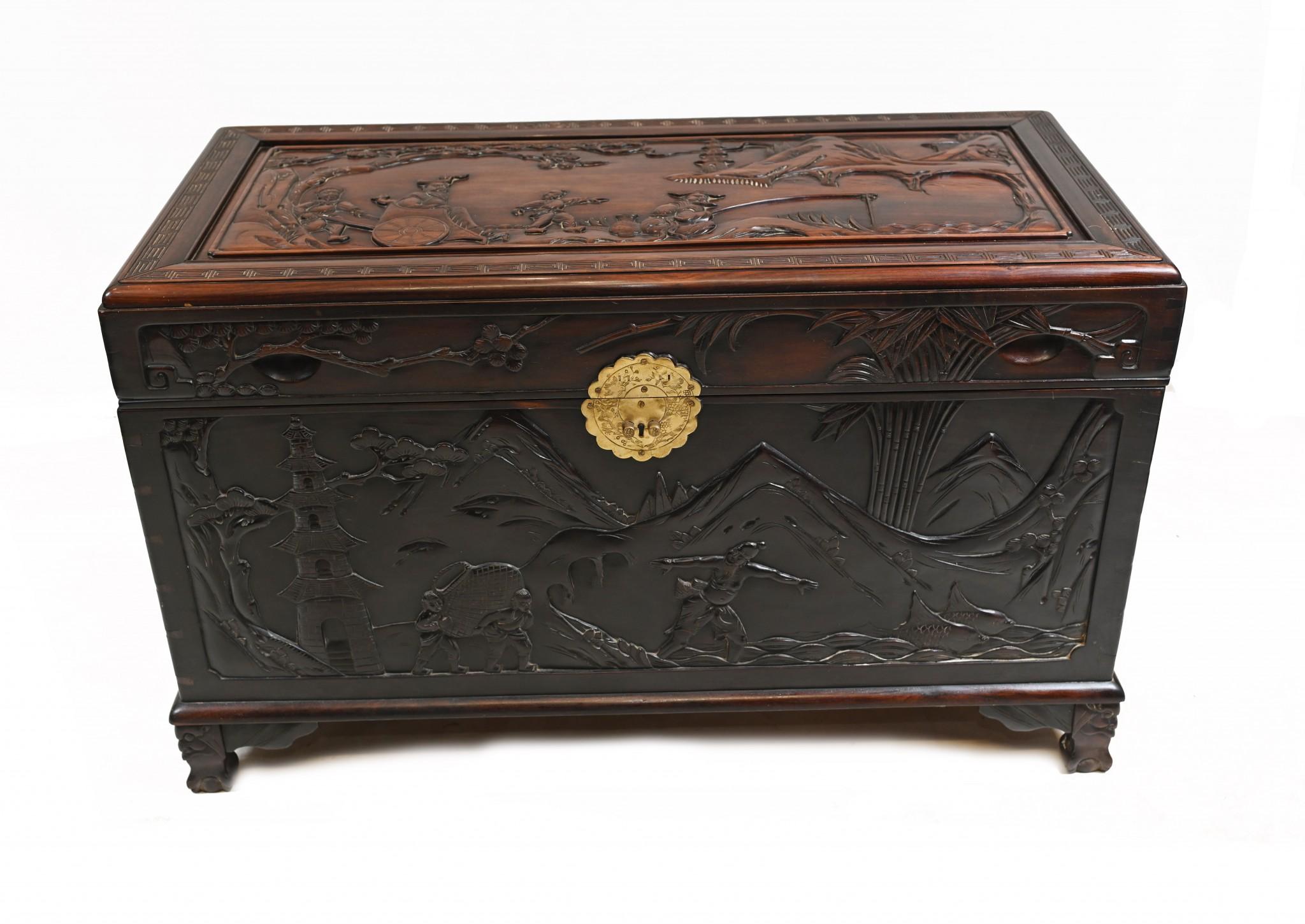 Chinese Camphor Chest Hardwood Carved Luggage Box 1880 In Good Condition In Potters Bar, GB