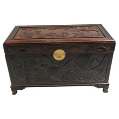 Antique Chinese Camphor Chest Hardwood Carved Luggage Box, 1880