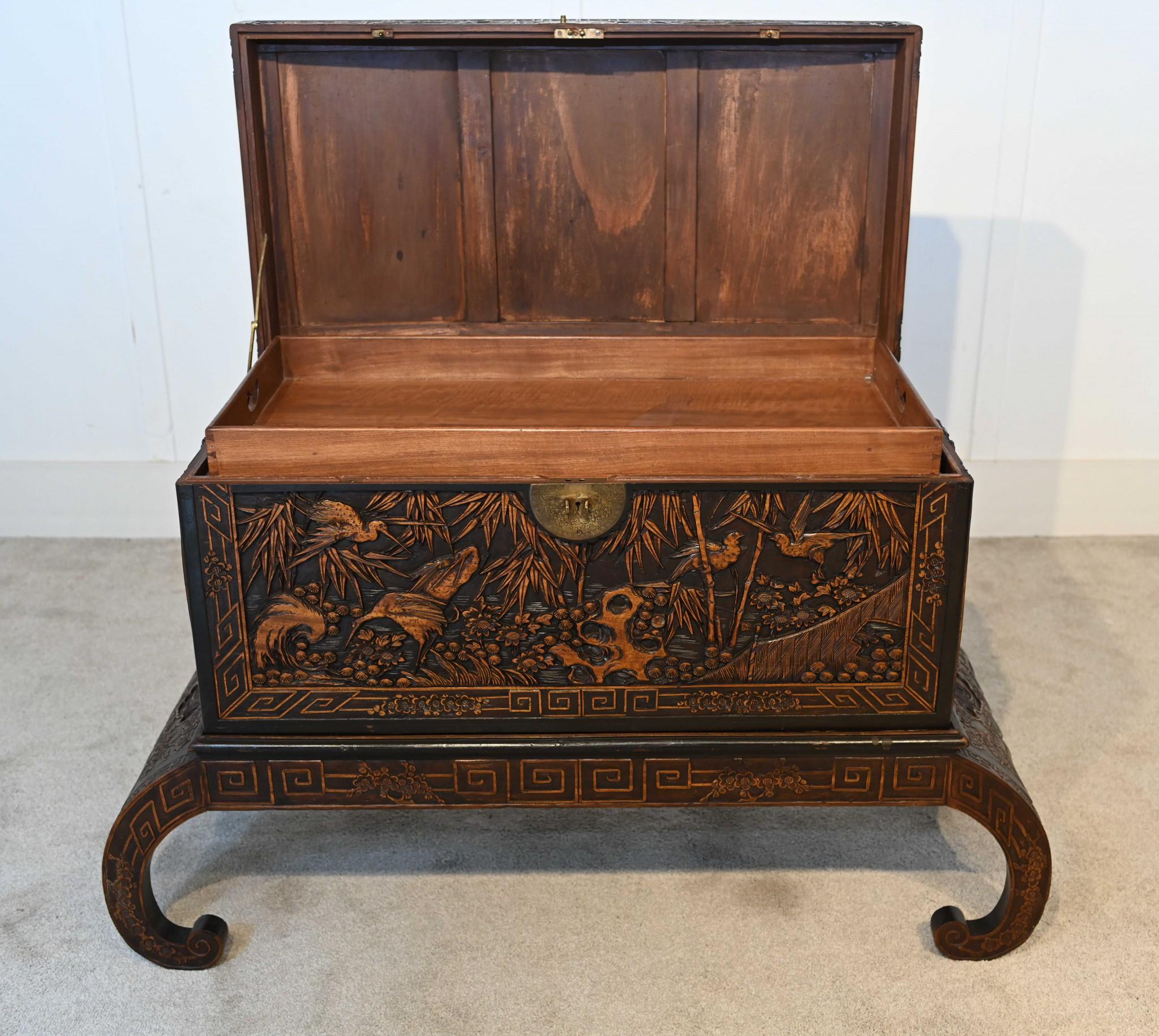 Chinese Camphor Chest Luggage Chest Carved Stand Antique 1900 5