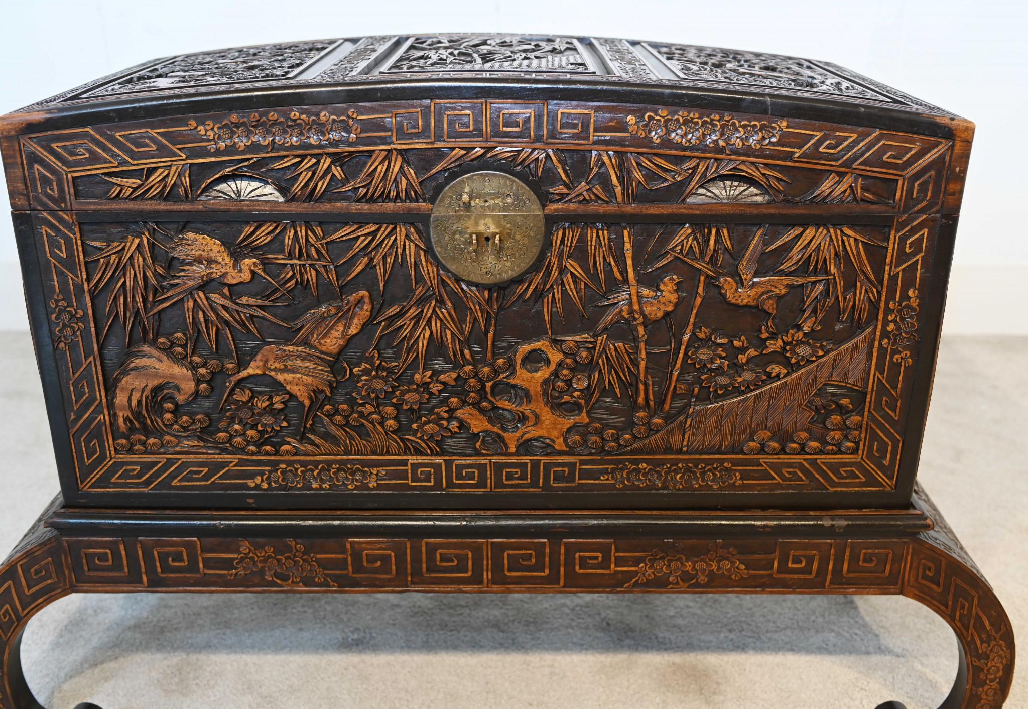18th Century and Earlier Chinese Camphor Chest Luggage Chest Carved Stand Antique 1900