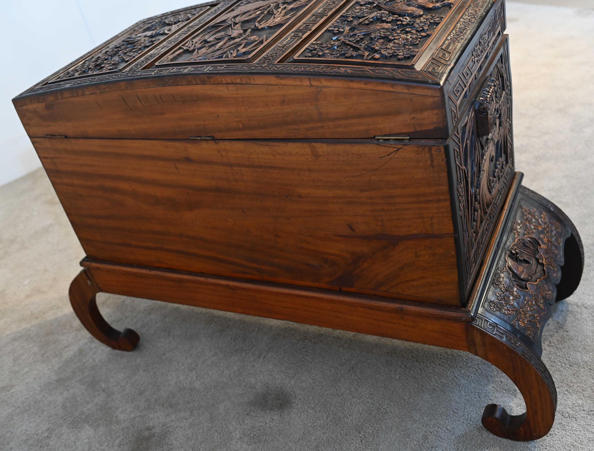 Wood Chinese Camphor Chest Luggage Chest Carved Stand Antique 1900