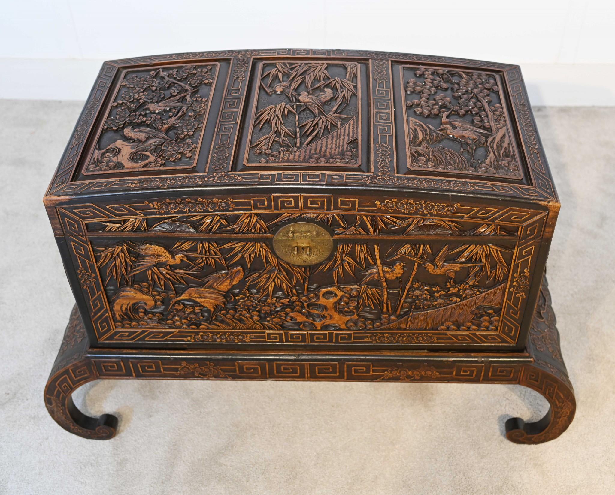 Chinese Camphor Chest Luggage Chest Carved Stand Antique 1900 1