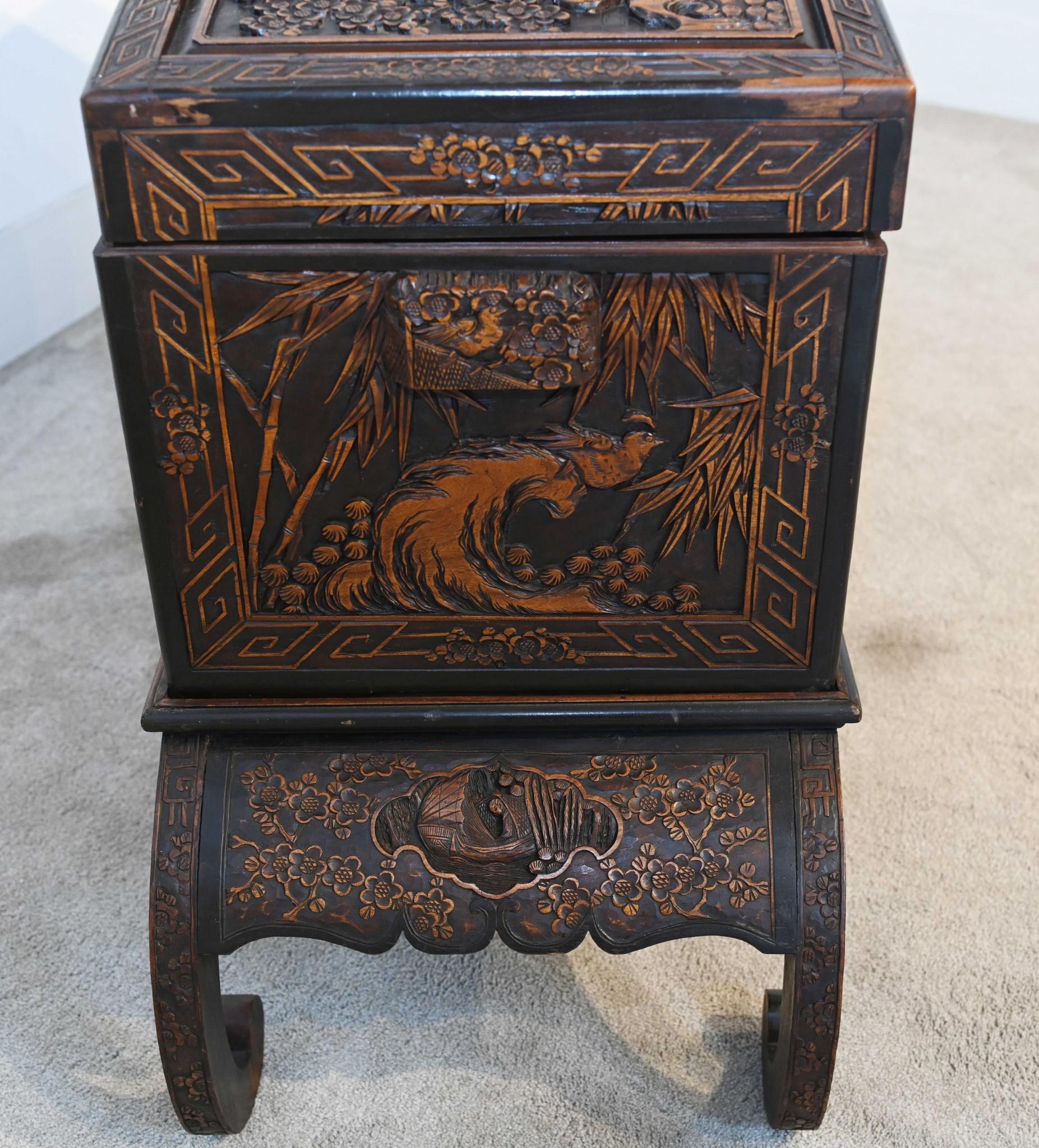 Chinese Camphor Chest Luggage Chest Carved Stand Antique 1900 2