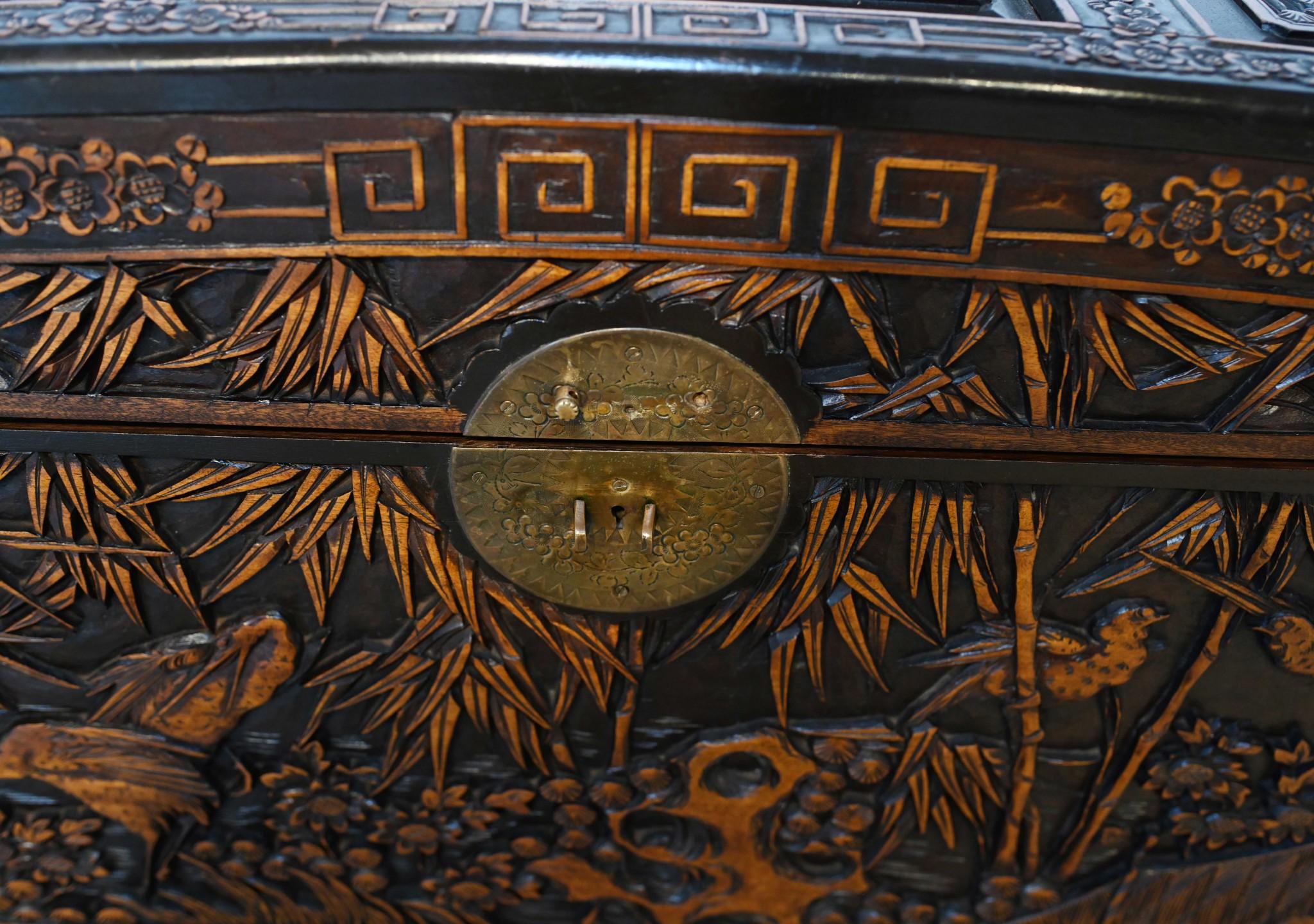 Chinese Camphor Chest Luggage Chest Carved Stand Antique 1900 3