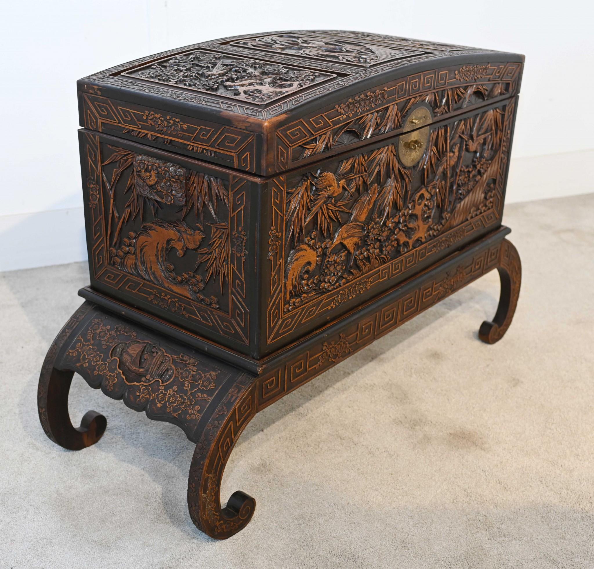 Chinese Camphor Chest Luggage Chest Carved Stand Antique 1900 4